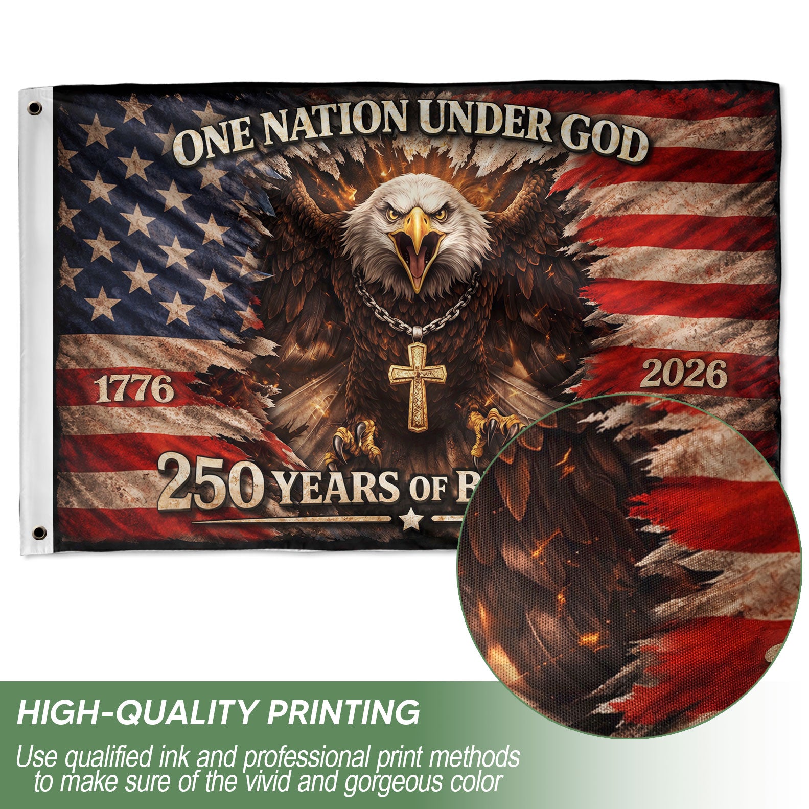 One Nation Under God 250th Anniversary Flag (1776–2026) – Bald Eagle and Cross Patriotic Christian Banner