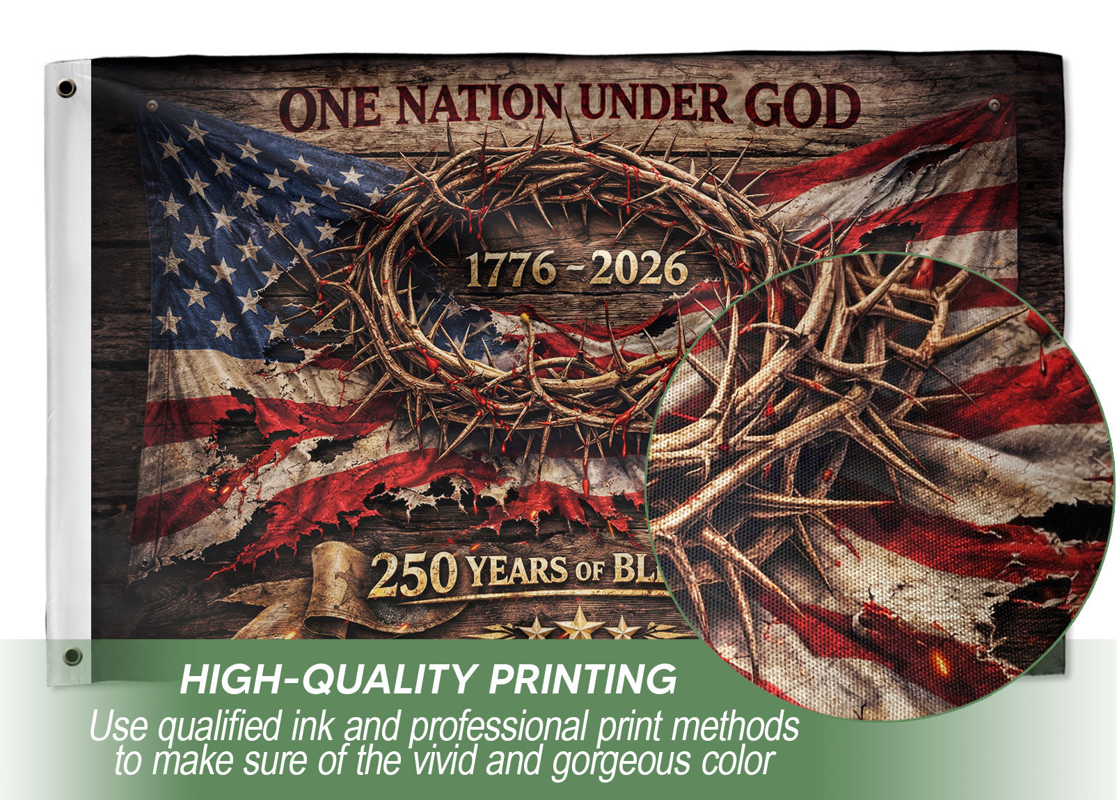 One Nation Under God 250 Years Flag (1776–2026) – Crown of Thorns Christian Patriotic Anniversary Banner