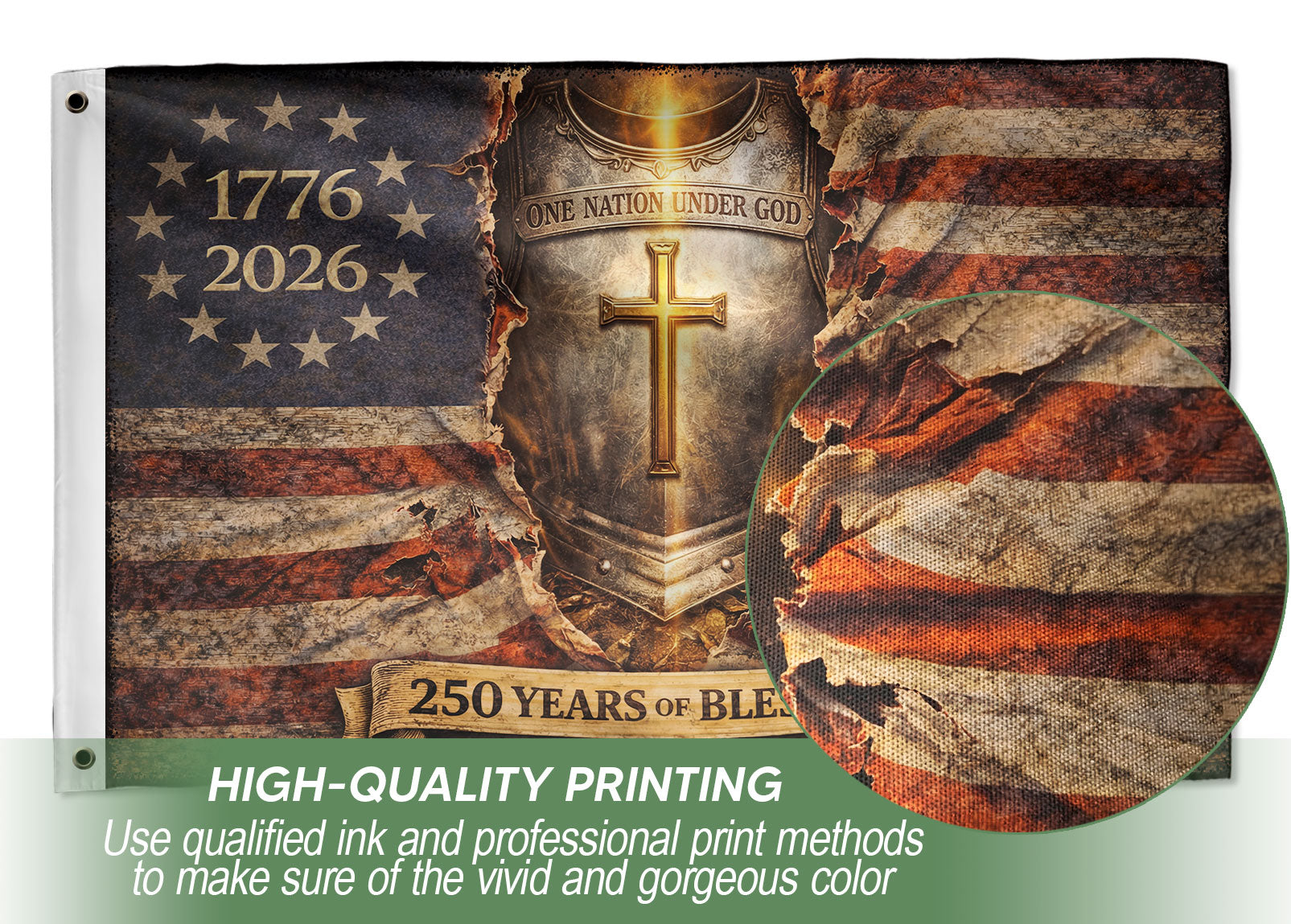 One Nation Under God 250th Anniversary Flag (1776–2026) – Cross Shield Patriotic Christian Banner