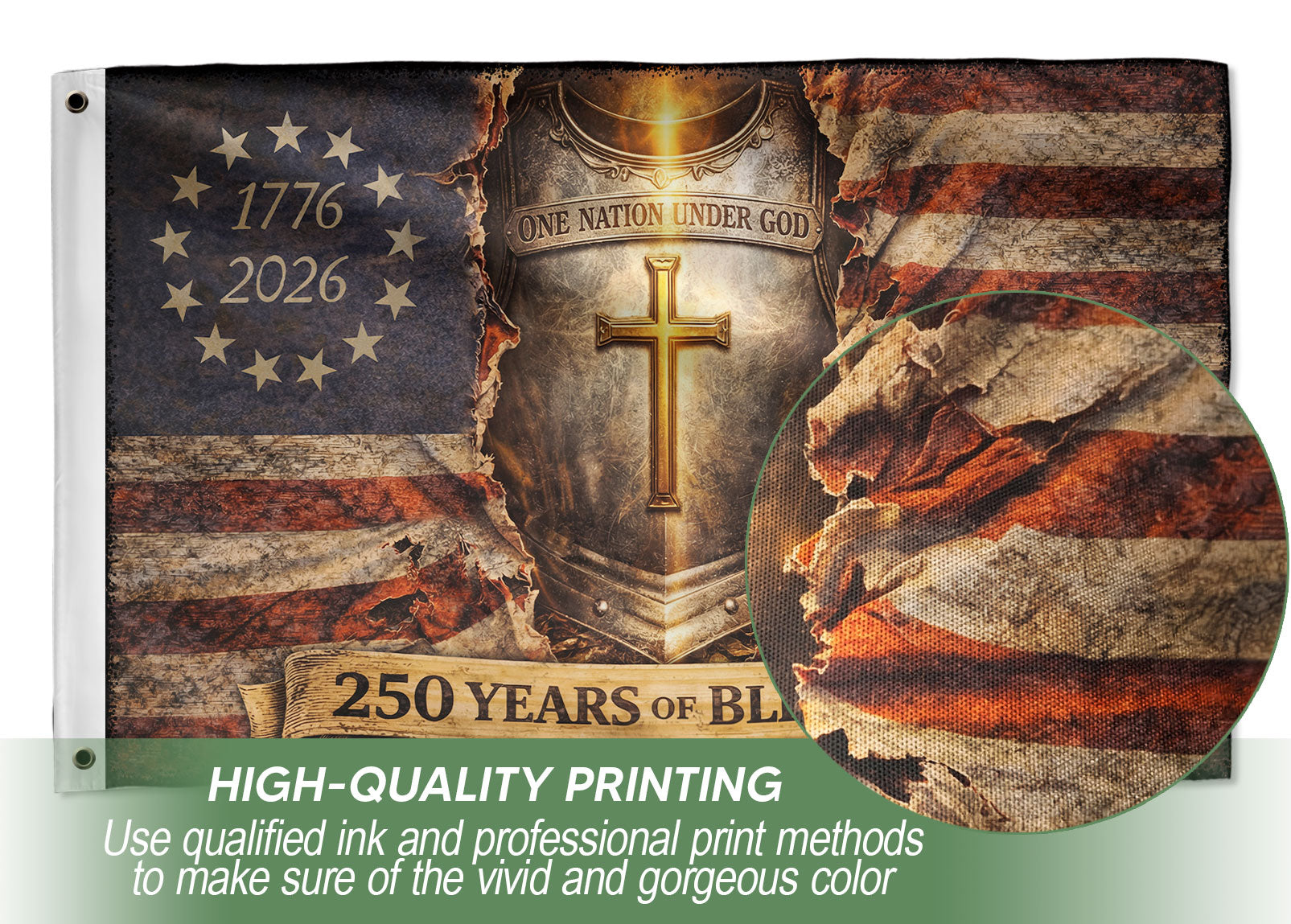One Nation Under God 250th Anniversary Flag (1776–2026) – Cross Shield Patriotic Christian Banner