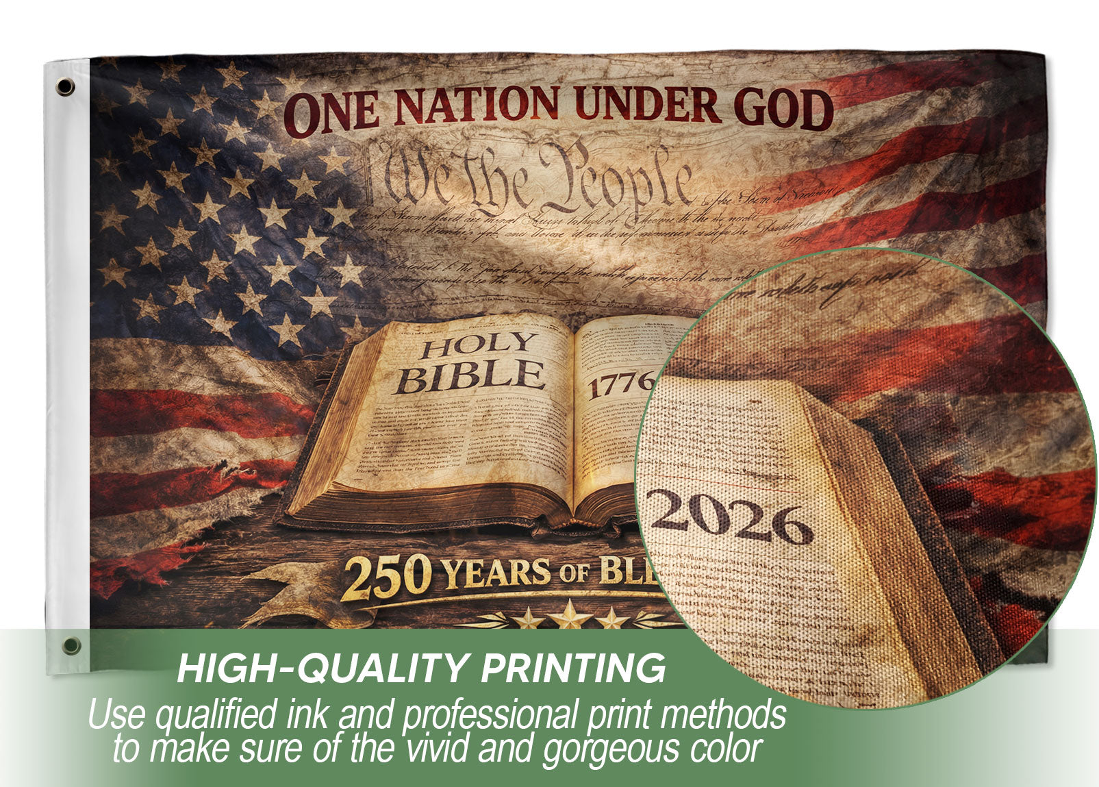 One Nation Under God 250th Anniversary Flag (1776–2026) – Holy Bible and We the People Patriotic Christian Banner