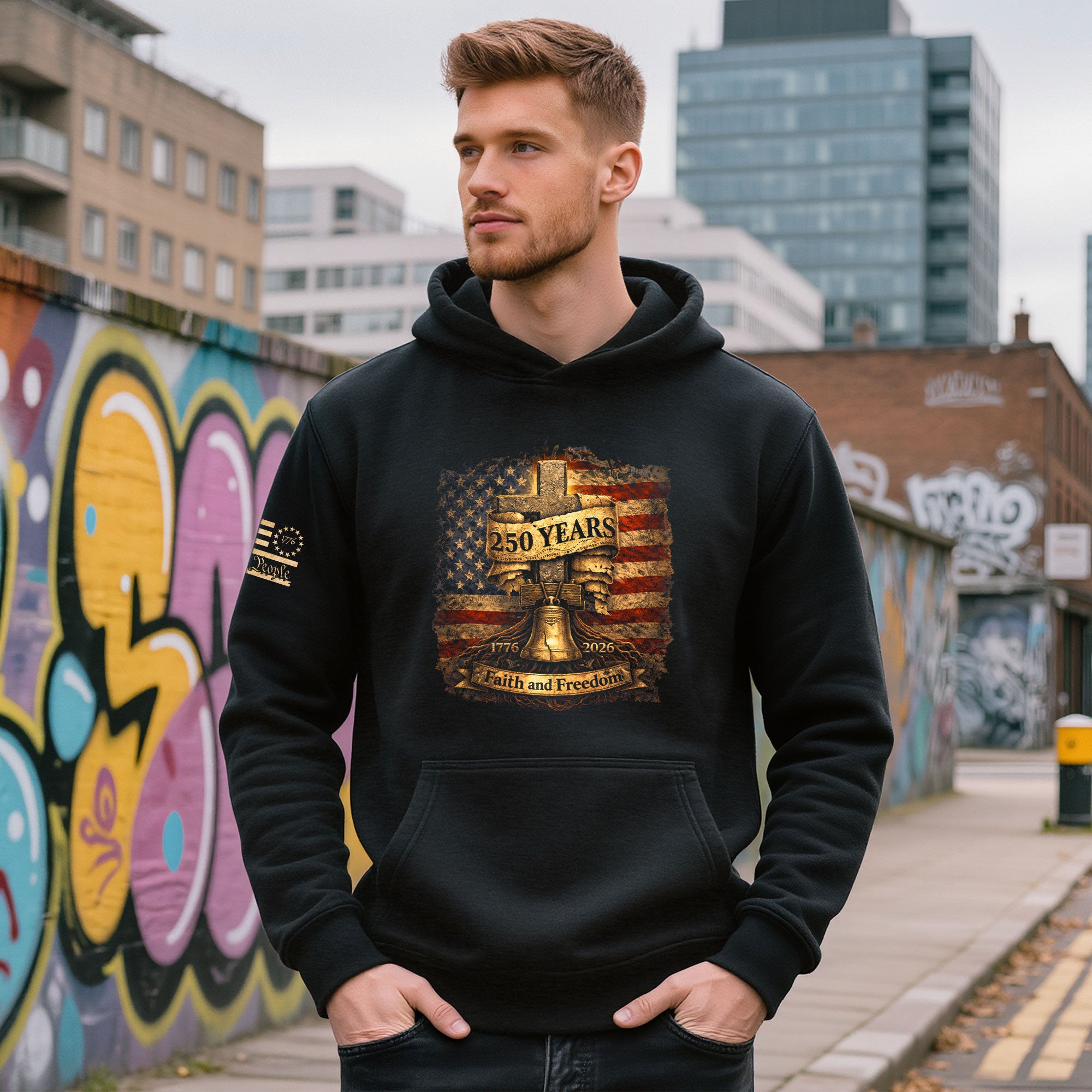 USA 250th Anniversary 1776-2026 Semiquincentennial Hoodie – Christian Faith and Freedom Cross & Liberty Bell America 250 Hoodie