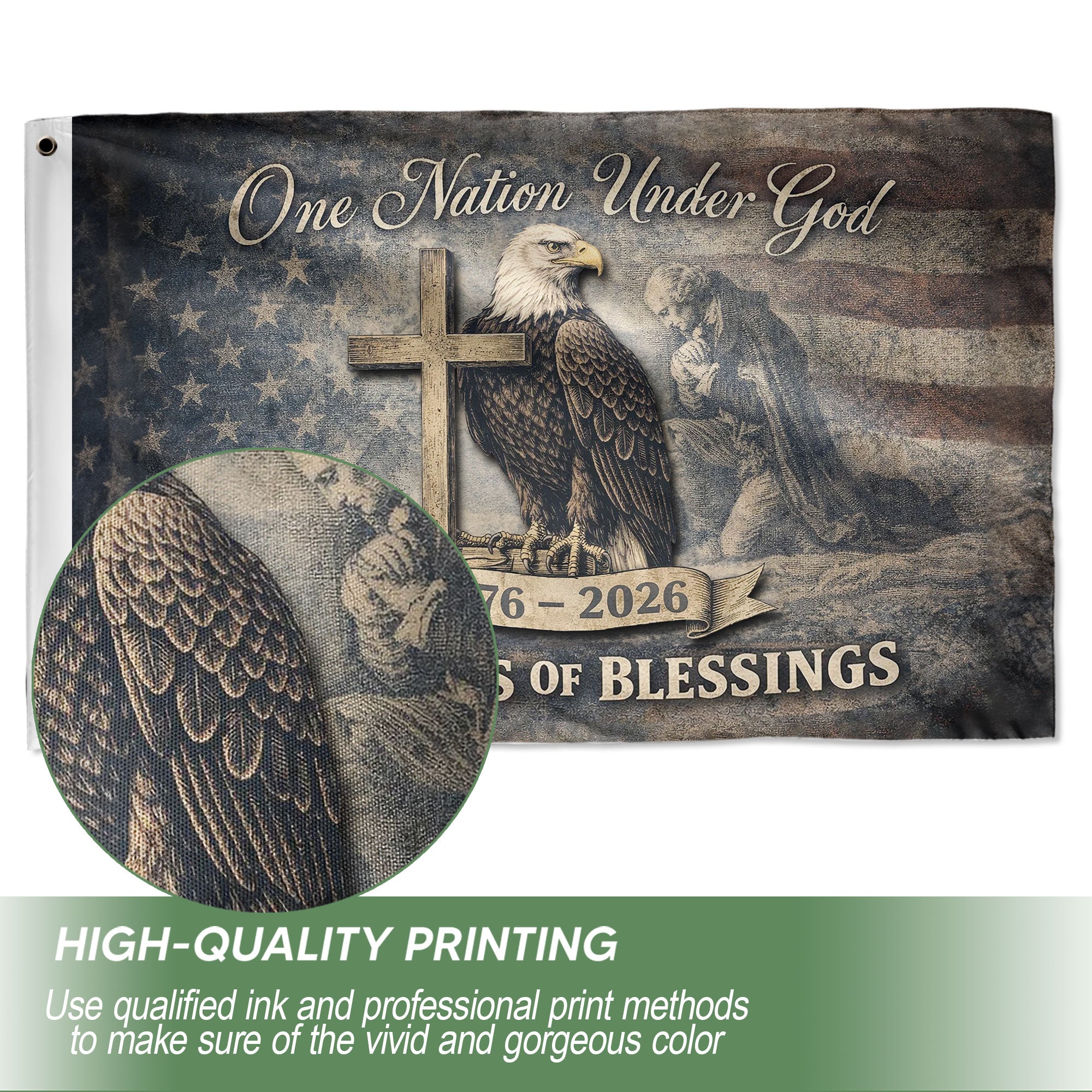 250th Anniversary Cross & Eagle, One Nation Under God 250 Years of Blessings USA Flag - Double Sided Premium House Flag