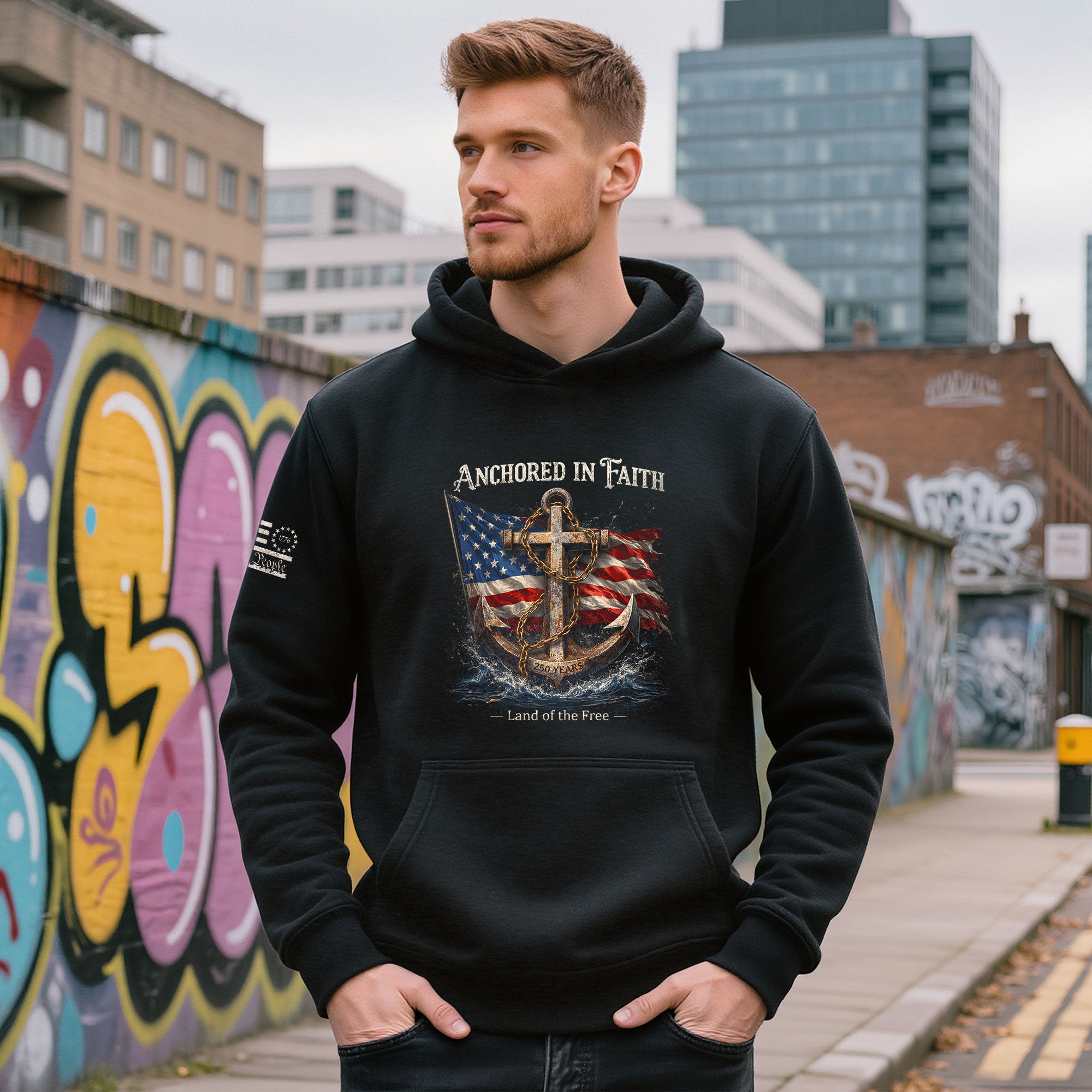 America 250th Anniversary 1776-2026 Semiquincentennial Hoodie – Anchored in Faith US Flag Anchor Land of the Free Patriotic Men’s Hoodie