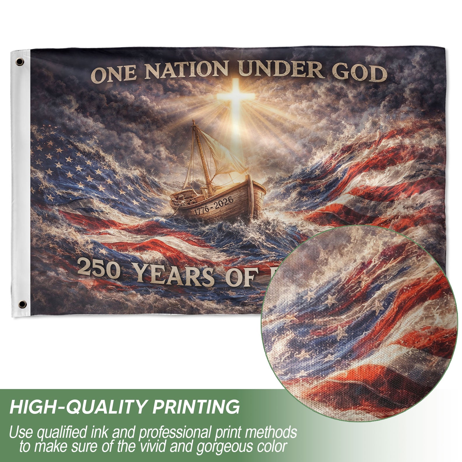 USA 250th Anniversary 1776-2026 Semiquincentennial Double-Sided House Flag – One Nation Under God Sailing Ship Patriotic Decor
