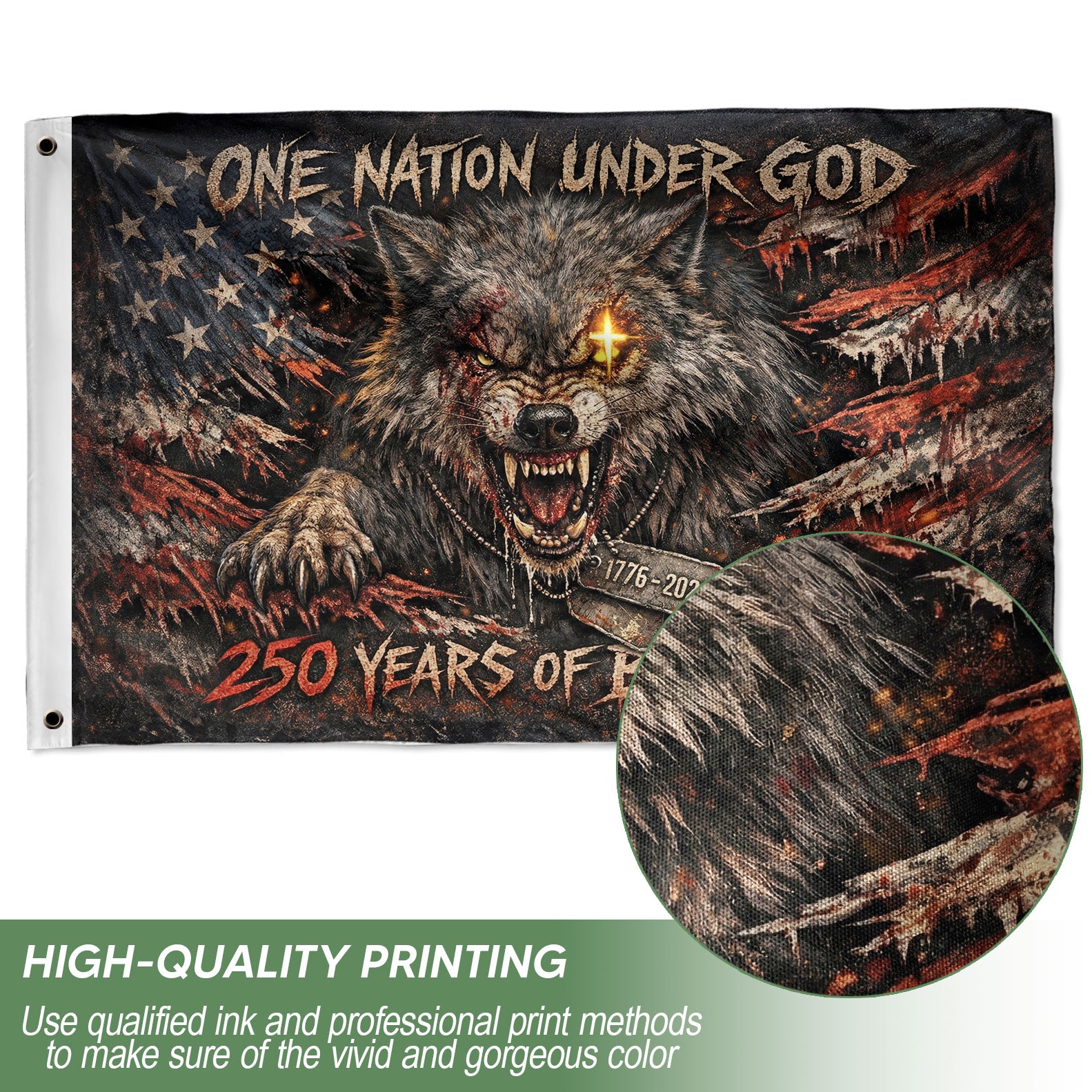 USA 250th Anniversary 1776-2026 Semiquincentennial Double-Sided Flag – Patriotic Wolf One Nation Under God Outdoor Banner
