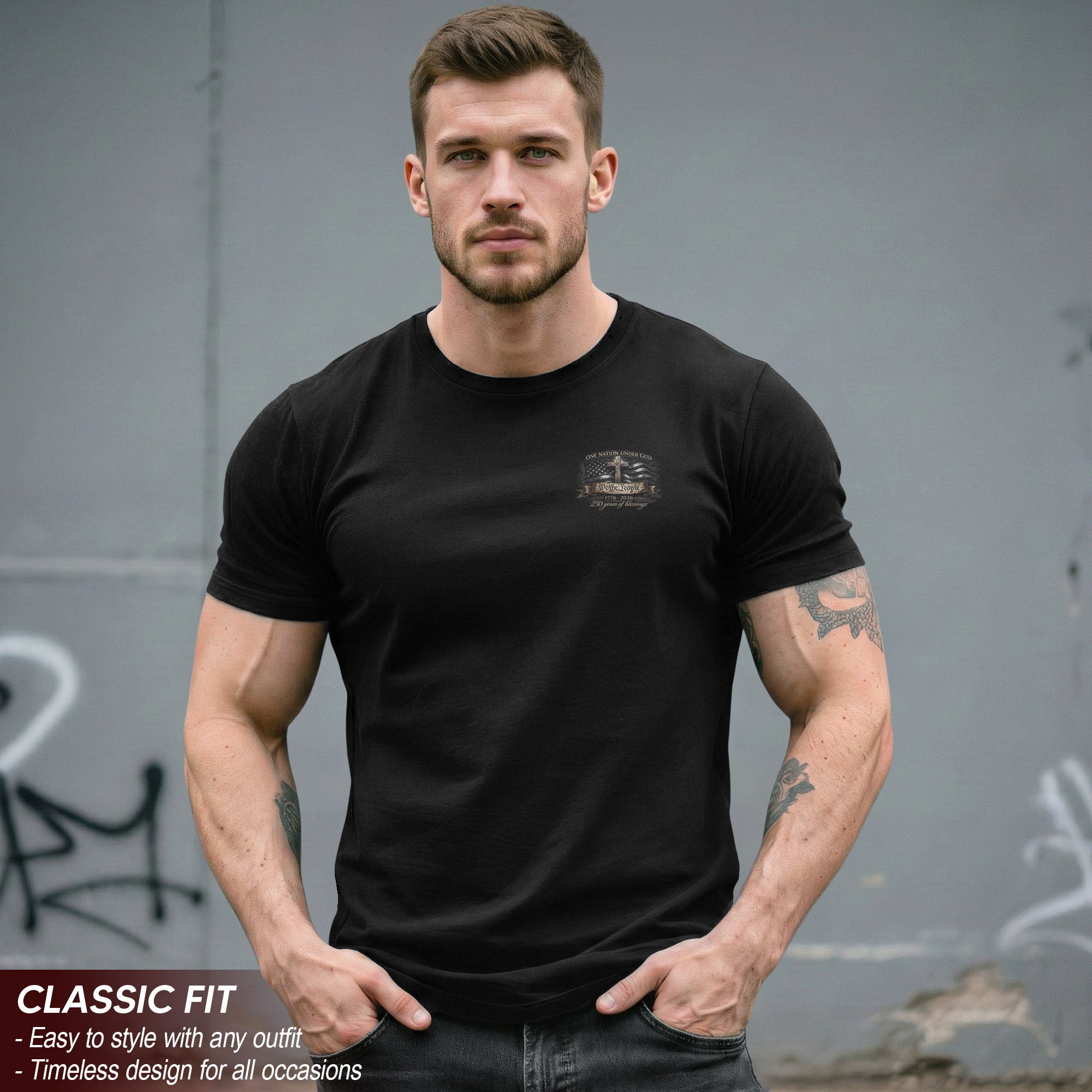 USA 250th Anniversary T-Shirt 1776-2026 – Lady Liberty Cross We The People Freedom Patriotic Flag Tee