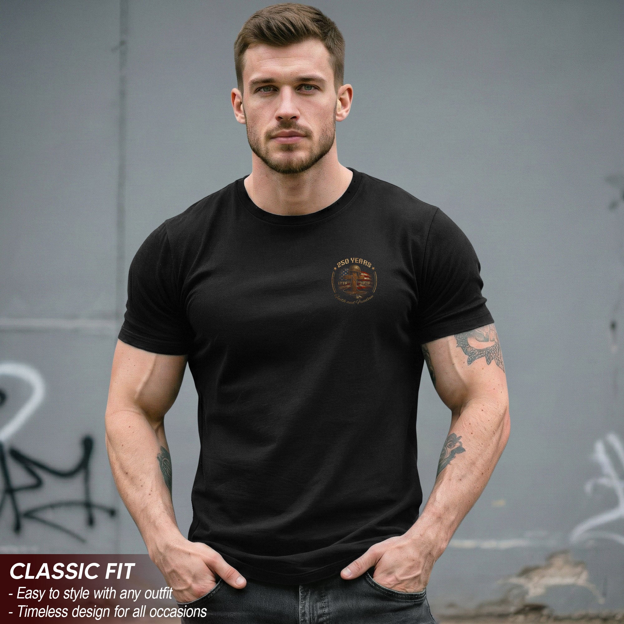 America 250th Anniversary 1776-2026 Semiquincentennial T-Shirt – 250 Years Faith and Freedom Battlefield Cross Soldier Boots Helmet Patriotic Tee