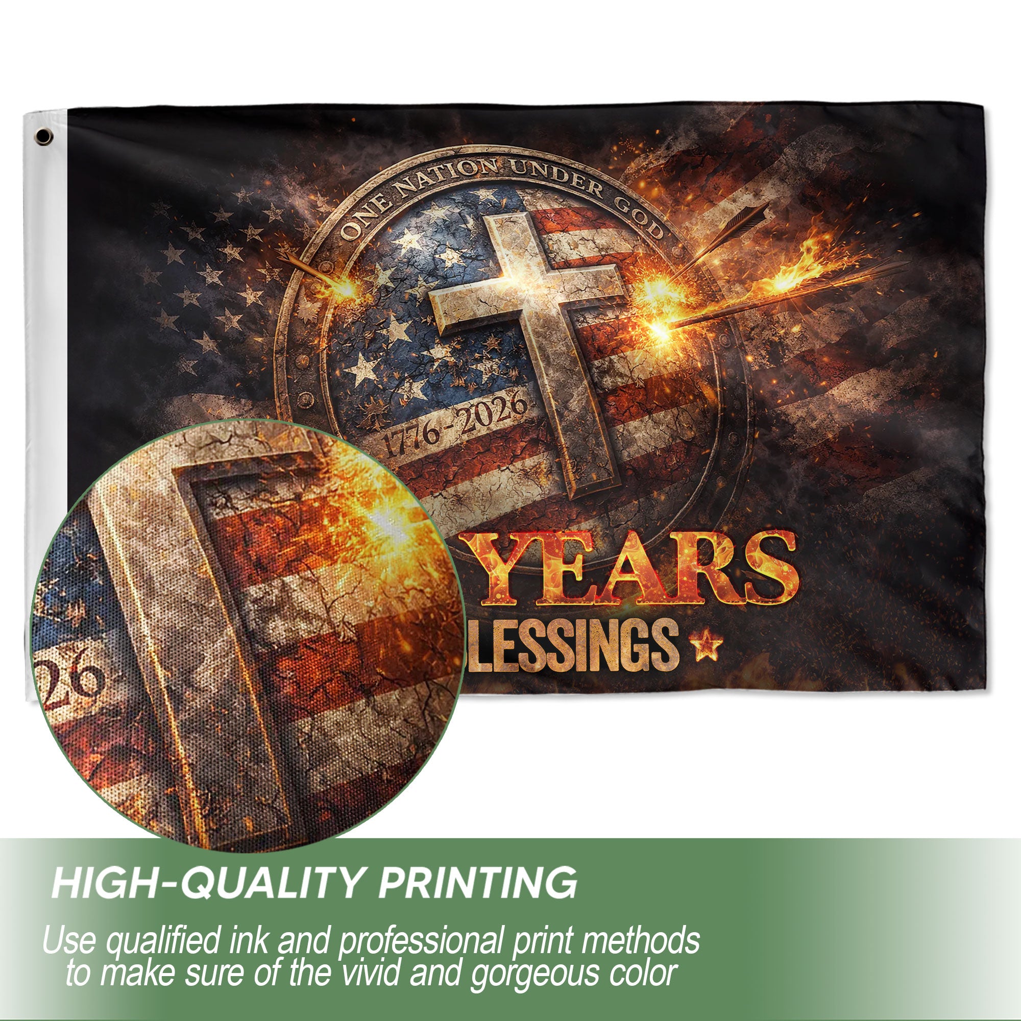 Christian 250 Years America Anniversary Flag - One Nation Under God 1776-2026, Double Sided Faith House Banner