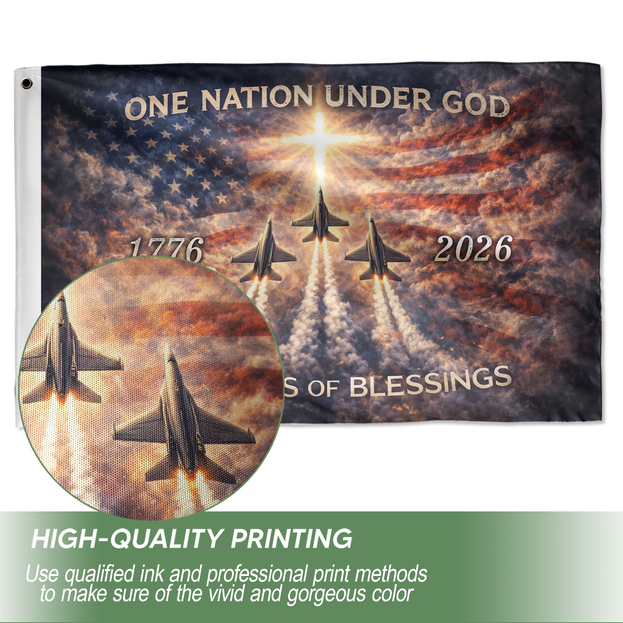 America 250th Anniversary 1776-2026 Semiquincentennial Flag – One Nation Under God Fighter Jets Cross Double Sided Heavy Banner