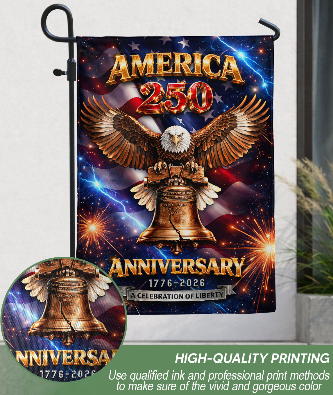 America 250th Anniversary 1776-2026 Garden Flag – Liberty Bell & Bald Eagle 250 Years of Freedom Double Sided Outdoor Banner