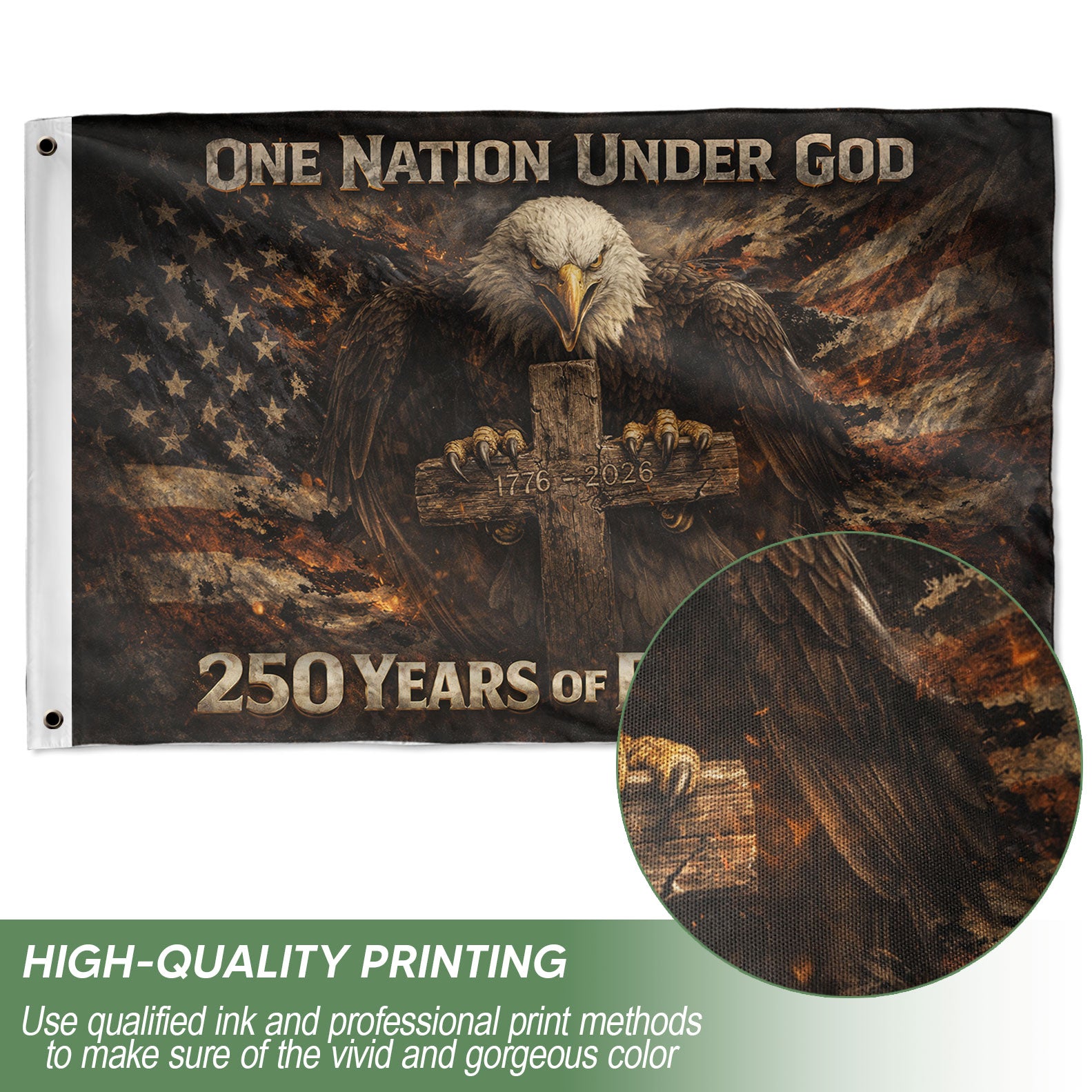 America 250th Anniversary 1776-2026 Semiquincentennial Double-Sided Religious Flag – One Nation Under God Bald Eagle Cross Patriotic Banner