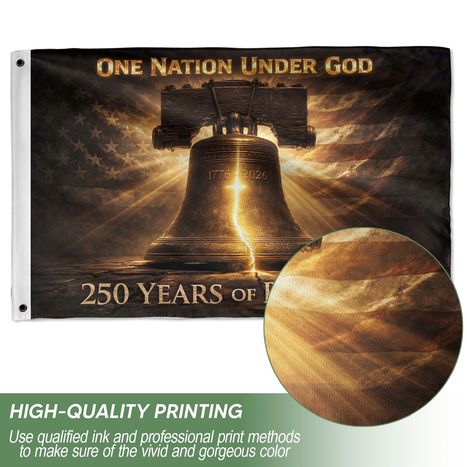 America 250th Anniversary 1776-2026 Semiquincentennial Double-Sided Flag – Liberty Bell Glowing Cross One Nation Under God Patriotic Banner
