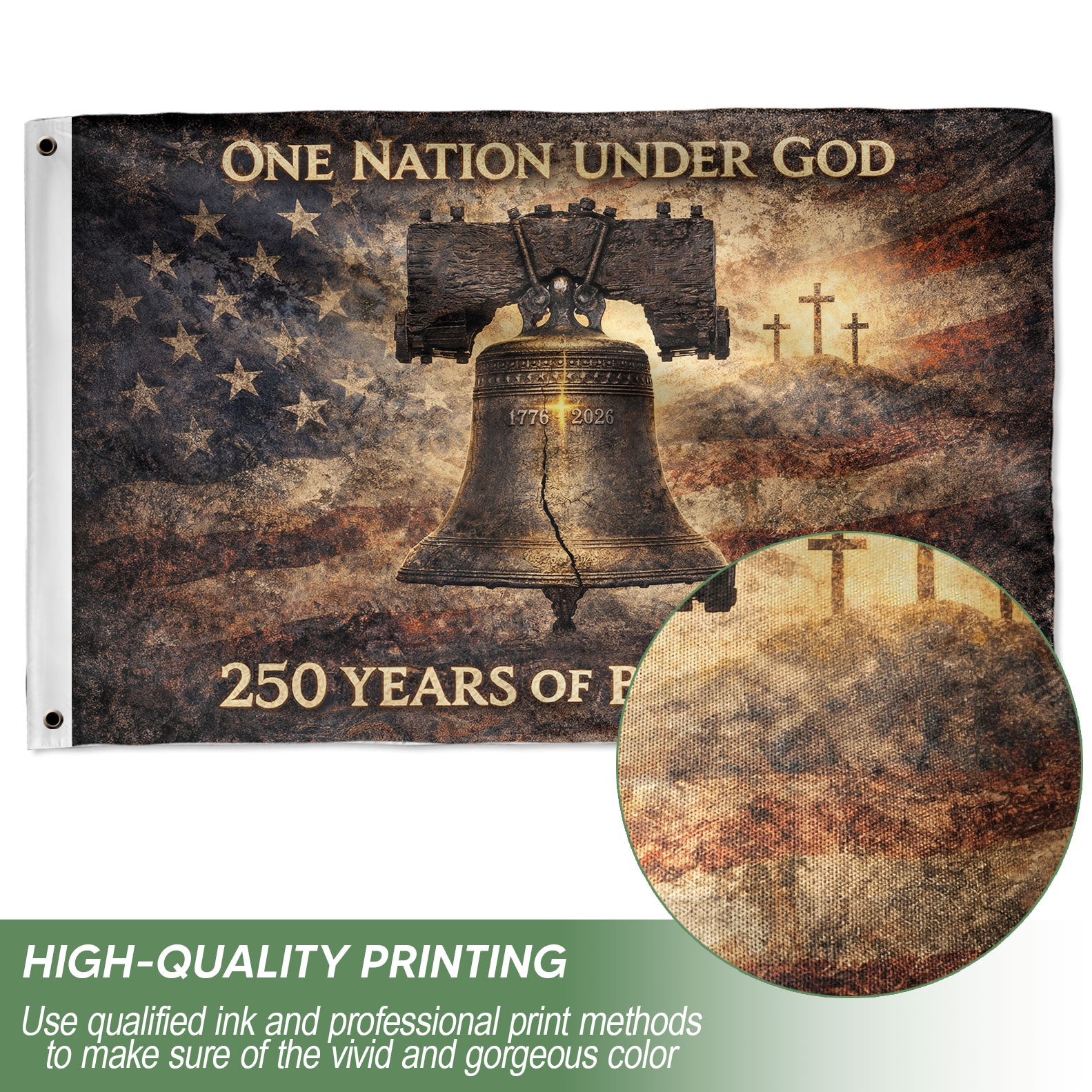 USA 250th Anniversary 1776-2026 Semiquincentennial Double-Sided American Flag – 250 Years of Blessings Liberty Bell Cross One Nation Under God Banner