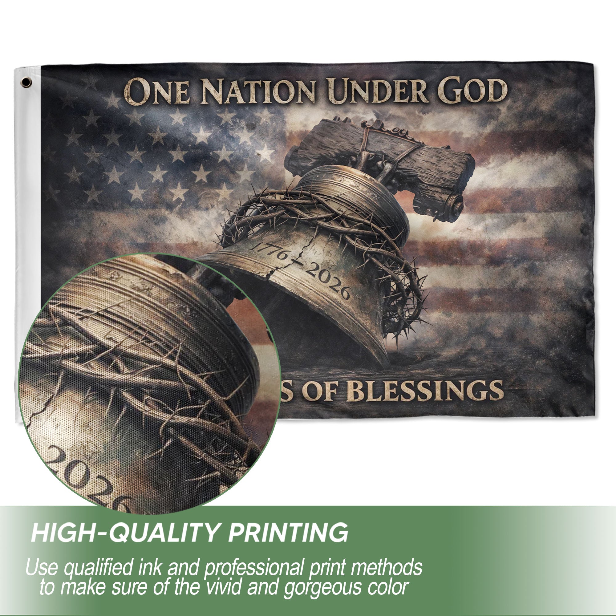 USA 250th Anniversary 1776-2026 Double Sided Flag – Liberty Bell Crown of Thorns One Nation Under God Patriotic Banner