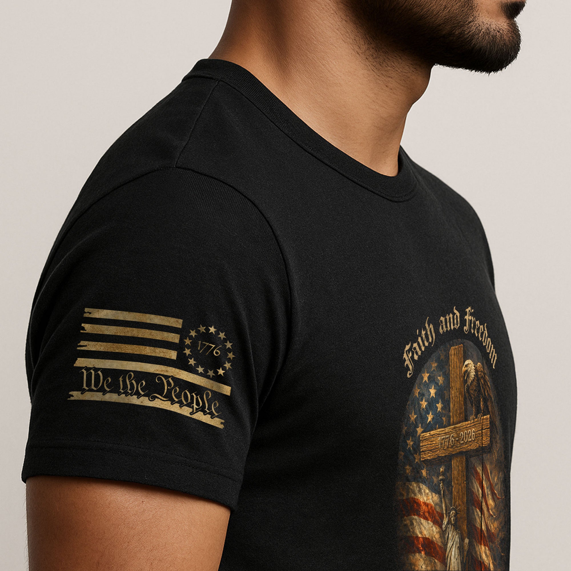 America 250th Anniversary 1776-2026 Semiquincentennial T-Shirt – Statue of Liberty Faith and Freedom Cross Eagle Patriotic USA Flag Tee