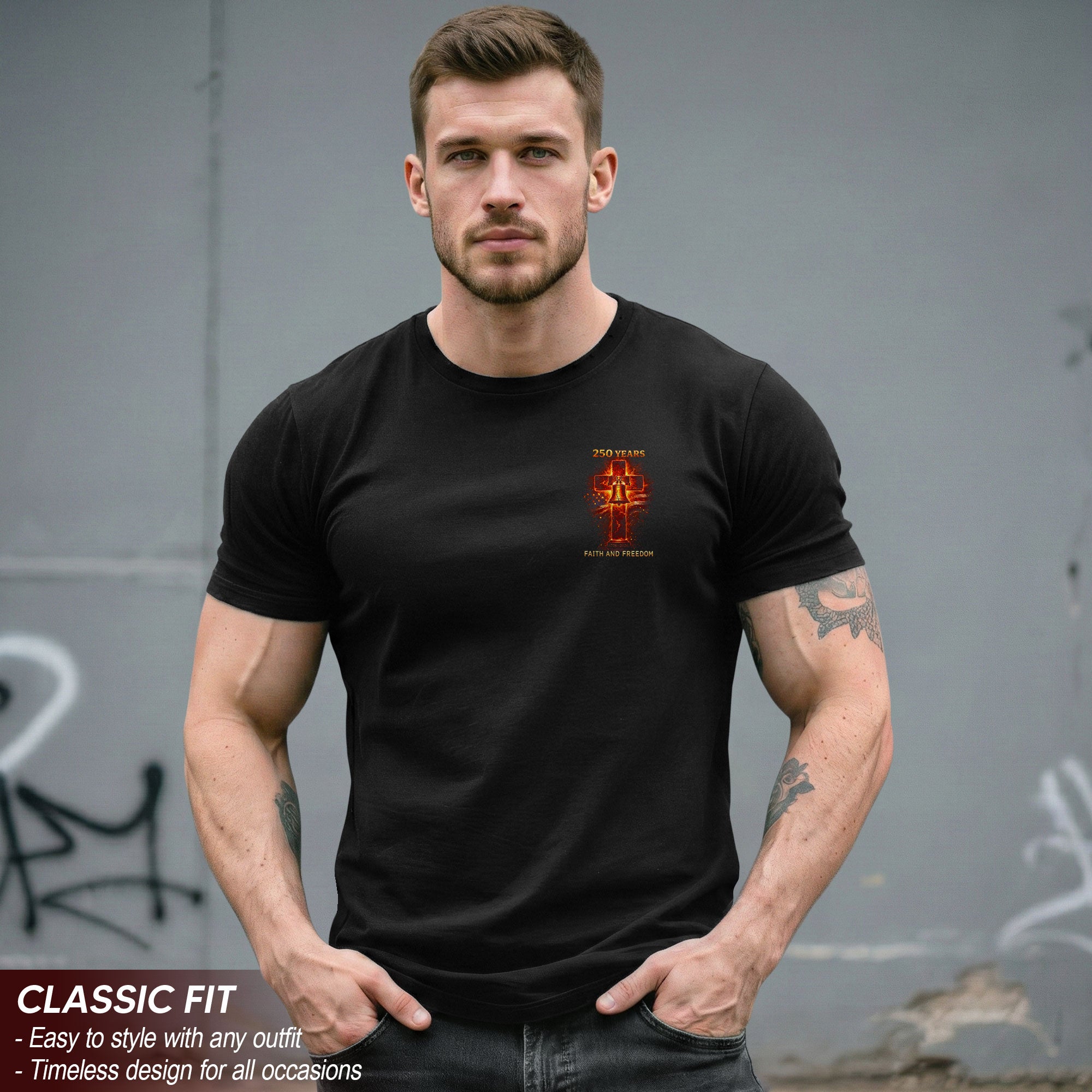 USA 250th Anniversary 1776-2026 Semiquincentennial T-Shirt – Fire Cross Liberty Bell Faith and Freedom Patriotic America 250 Tee