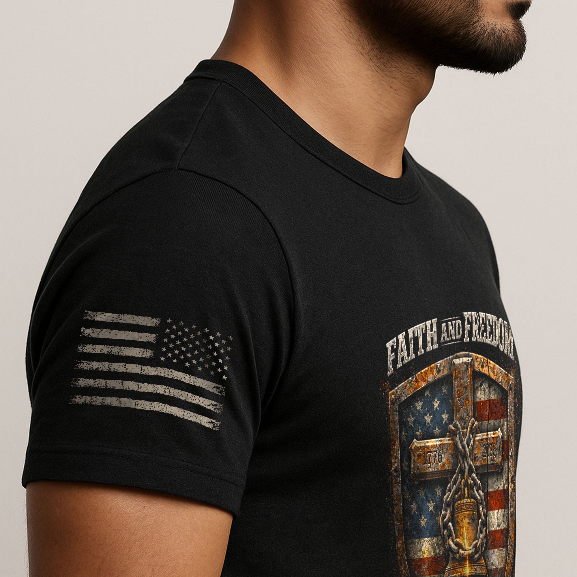 America 250th Anniversary 1776-2026 Semiquincentennial T-Shirt – Shield of Faith Freedom Christian Liberty Bell Patriotic Shirt for Men