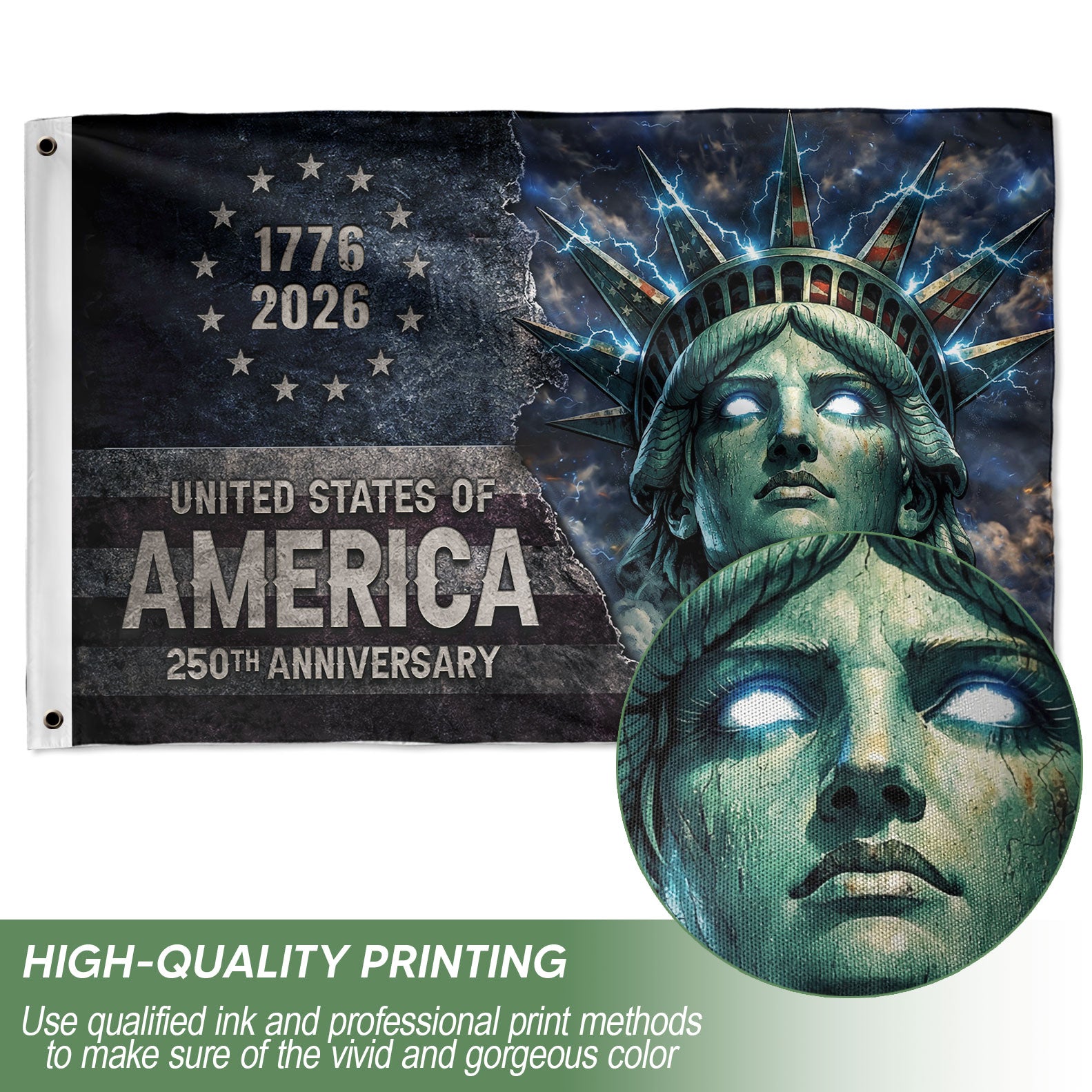 America 250th Anniversary Flag 1776-2026 Semiquincentennial – Statue of Liberty Lightning Streetwear Design USA Double Sided House Flag