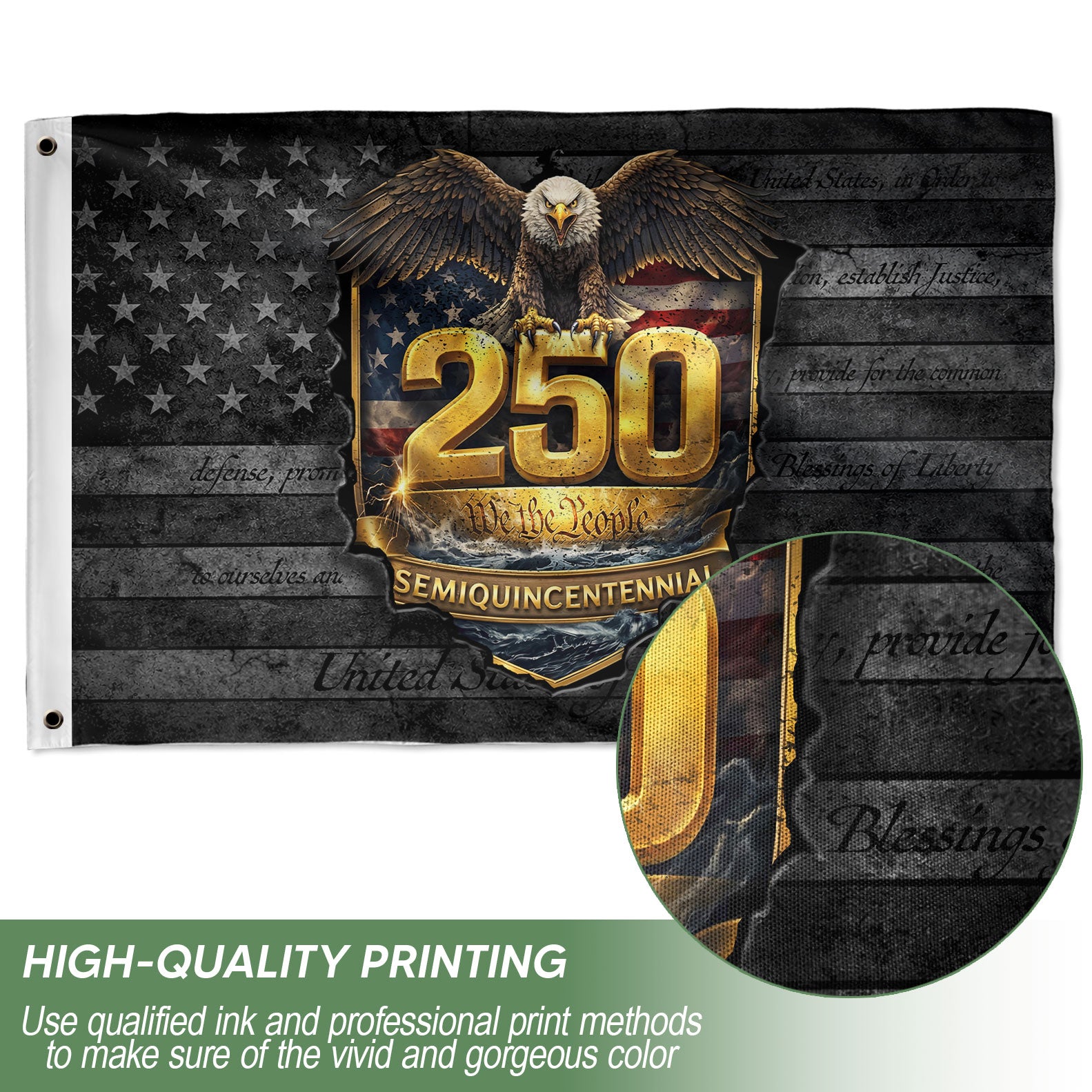 America 250th Anniversary Flag 1776-2026 Semiquincentennial – Bald Eagle & We The People Design USA Double Sided Banner