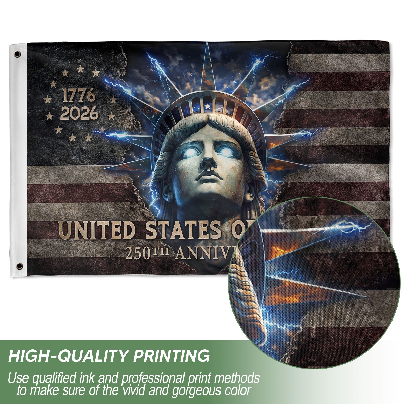 America 250th Anniversary Flag 1776-2026 Semiquincentennial – Lady Liberty Glowing Eyes Design USA Double Sided House Flag