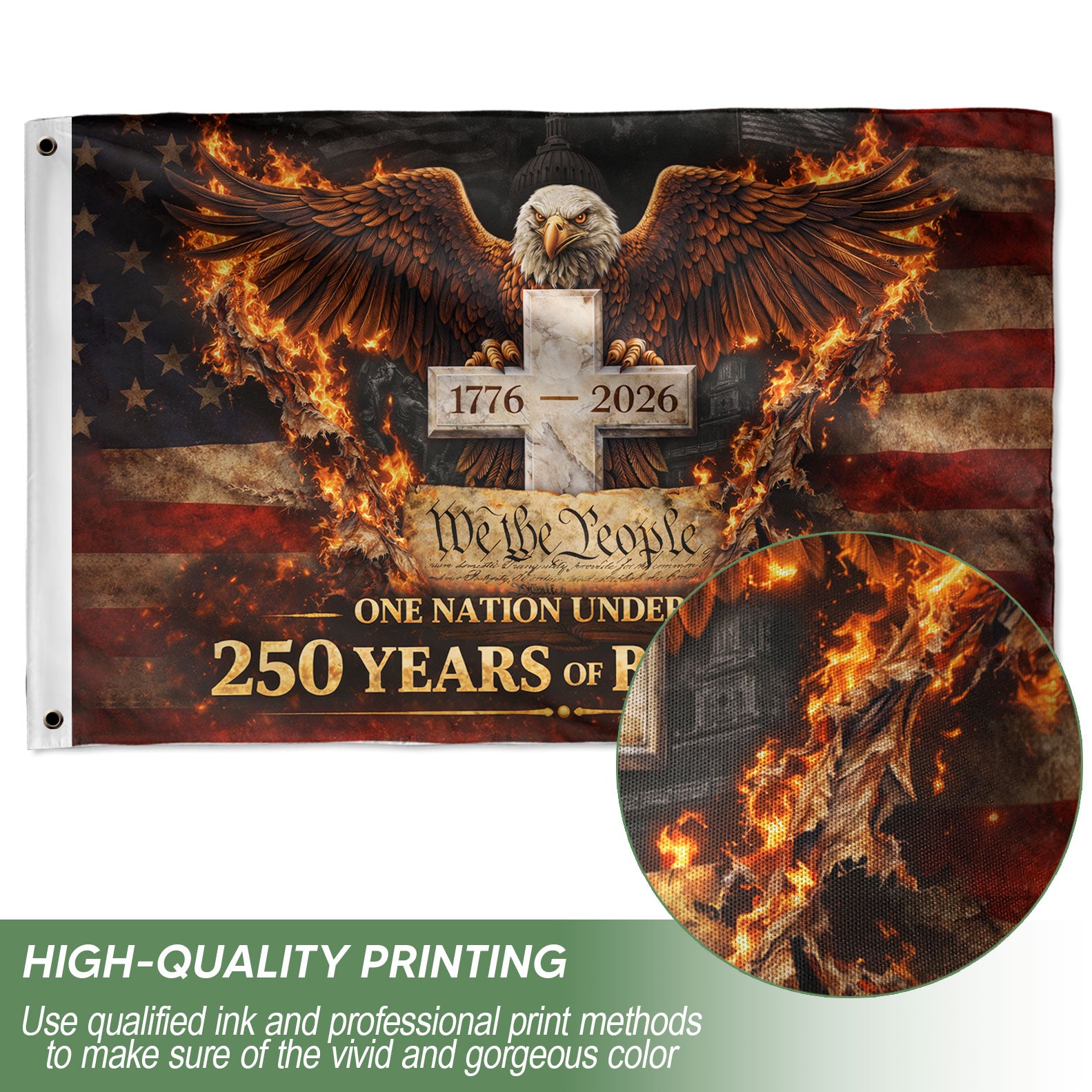 One Nation Under God 250 Years Flag 1776–2026 – Eagle & Cross Christian Double Sided USA House Flag