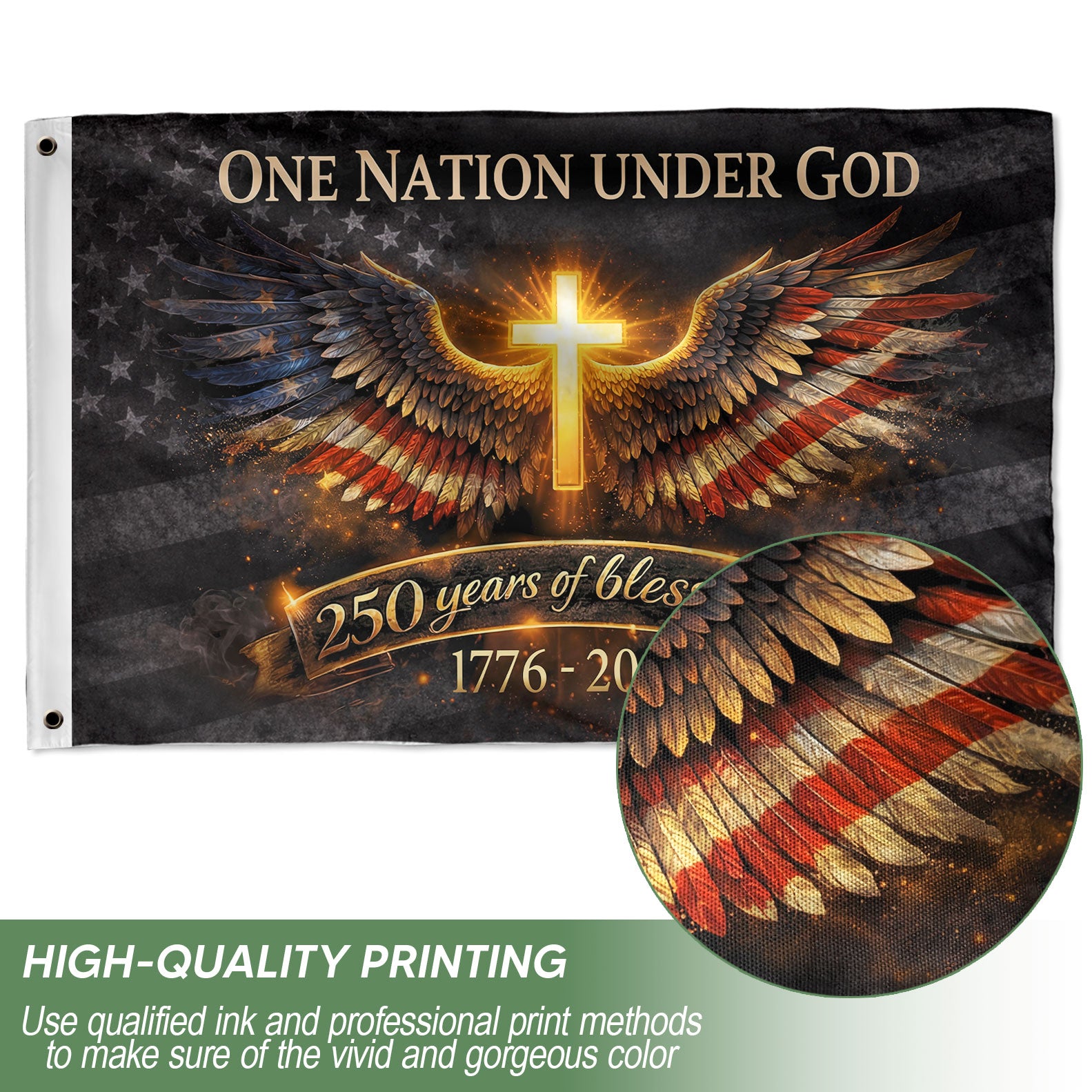 USA 250th Anniversary Cross Flag 1776–2026 – Glowing Cross & Angel Wings Double Sided Christian Banner