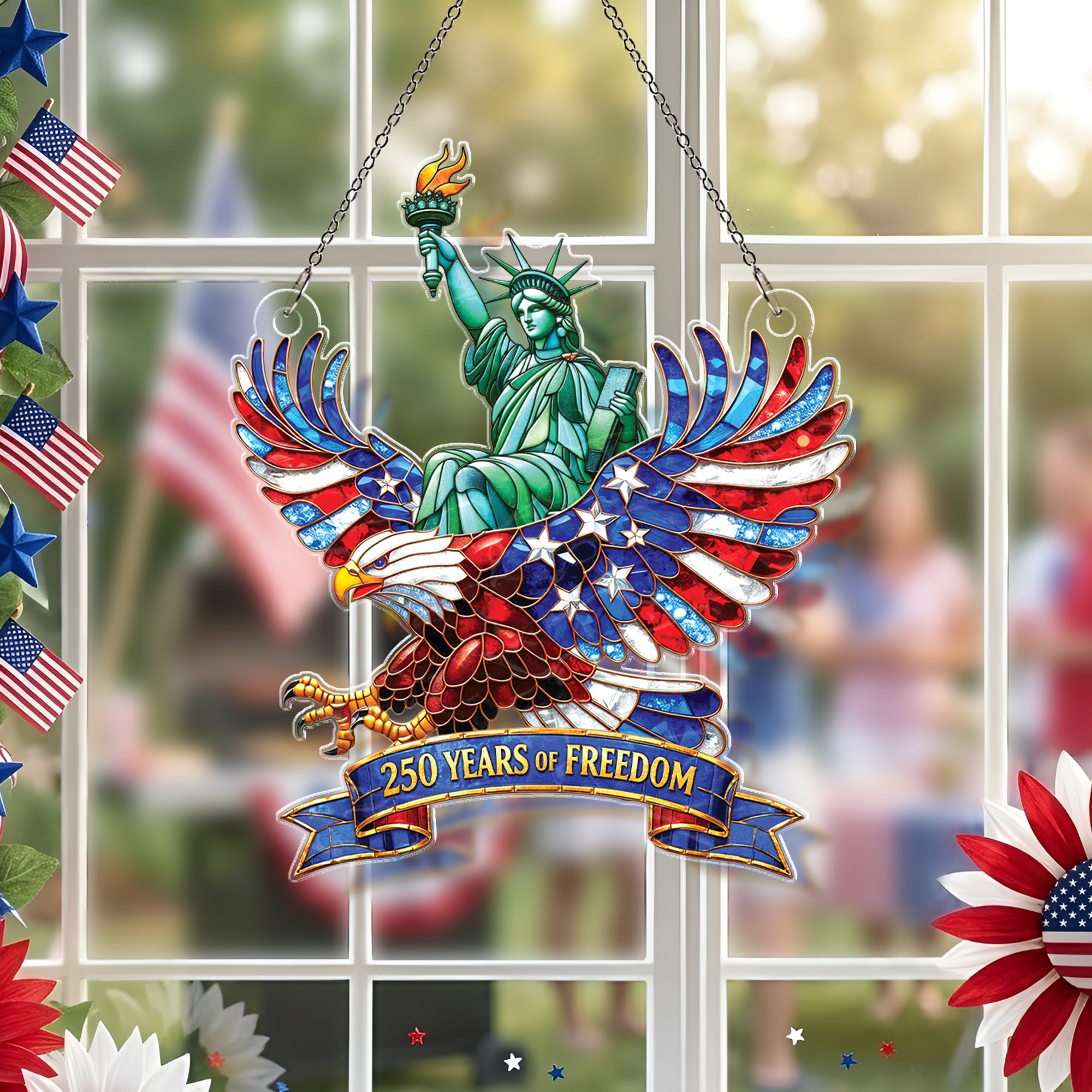 United States 250 Years of Freedom Liberty Eagle Stained Glass Style Acrylic Suncatcher Ornament