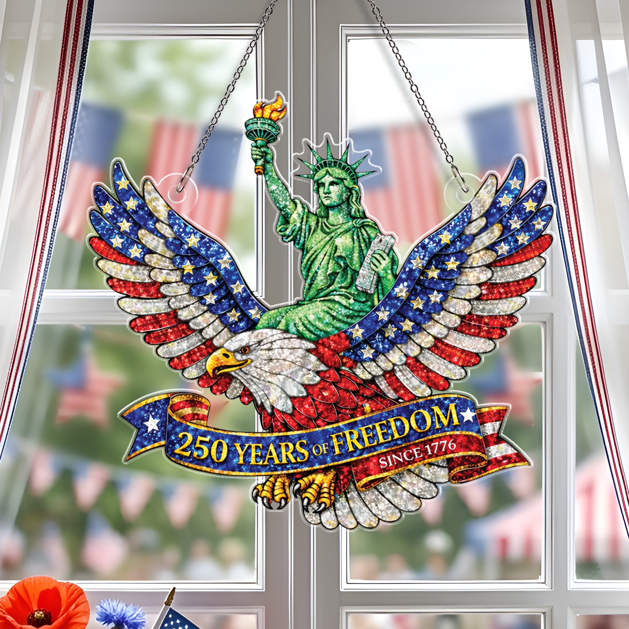 America 250th Anniversary Glitter Eagle Statue of Liberty Patriotic Acrylic Suncatcher Ornament