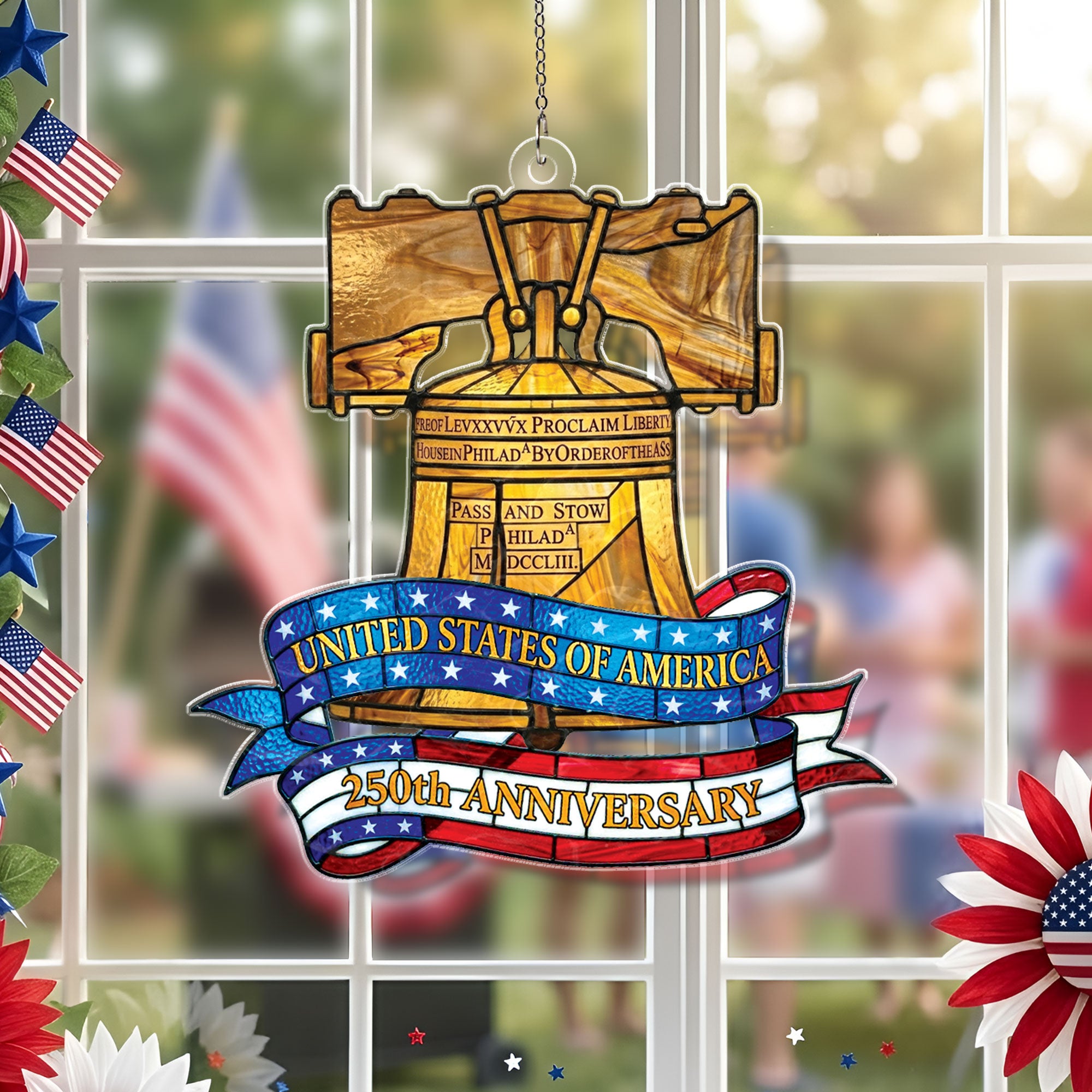 US 250th Anniversary Philadelphia Liberty Bell Heritage Stained Glass Acrylic Suncatcher Ornament