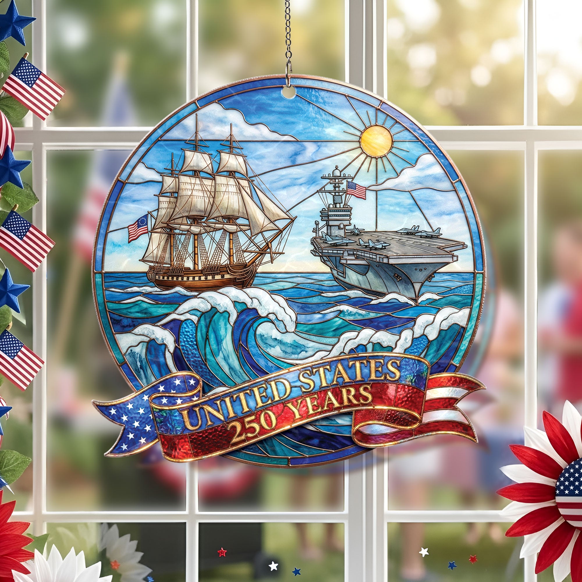 United States 250 Years Naval History Ship and Aircraft Carrier Acrylic Suncatcher Ornament