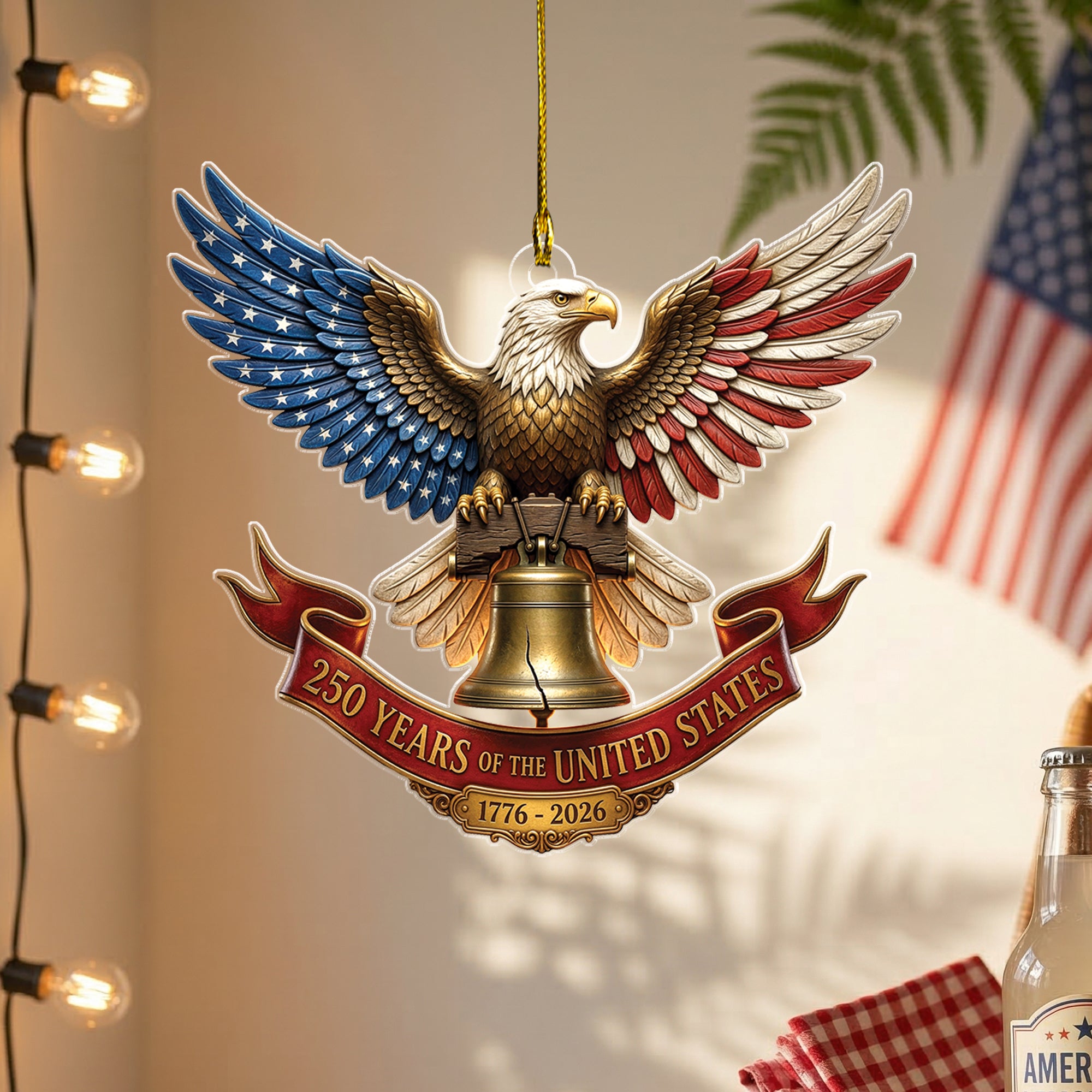United States 250 Years 1776-2026 Patriotic Red Ribbon Liberty Bell Acrylic Ornament