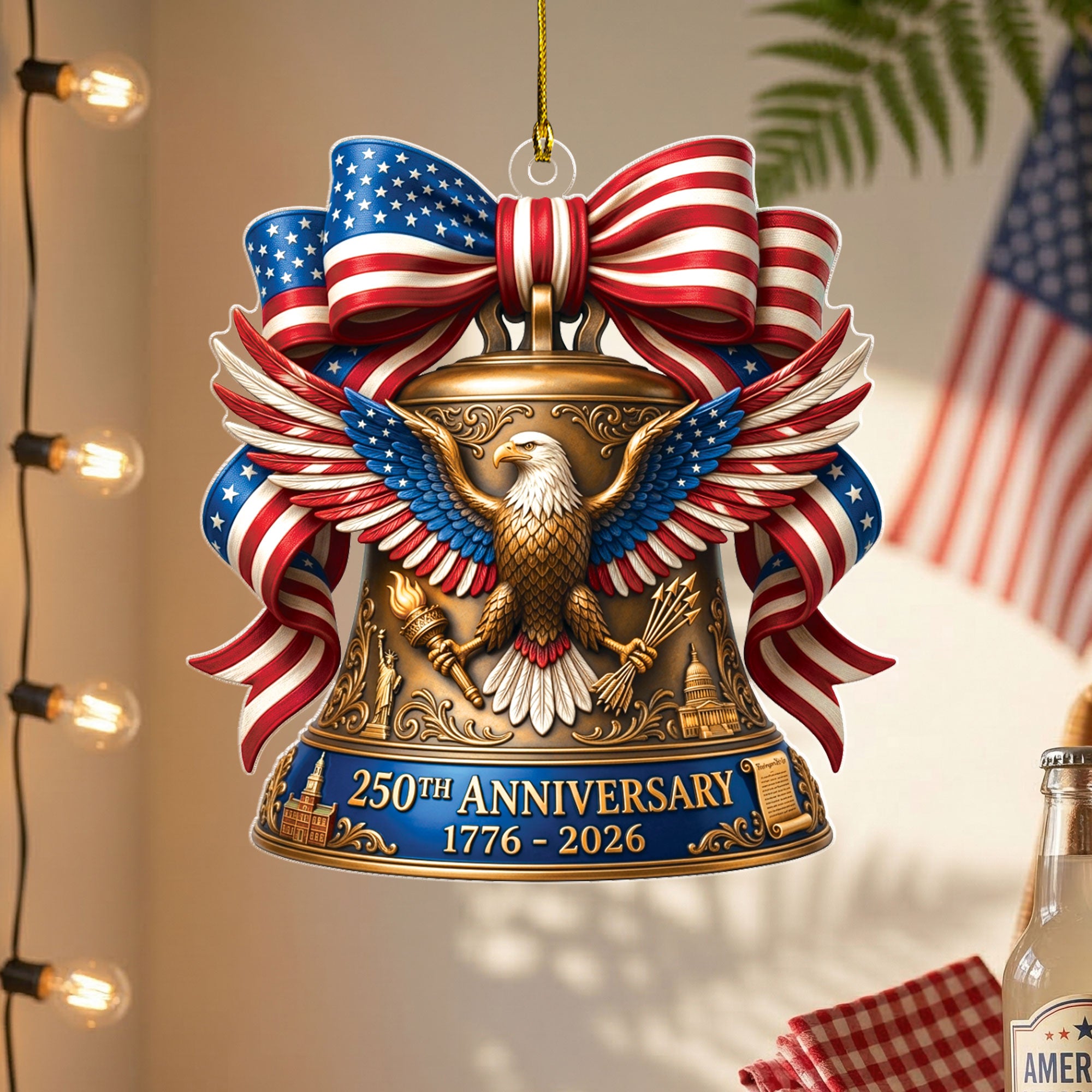 United States 250th Anniversary 1776-2026 Red White Blue Bow Acrylic Ornament Keepsake