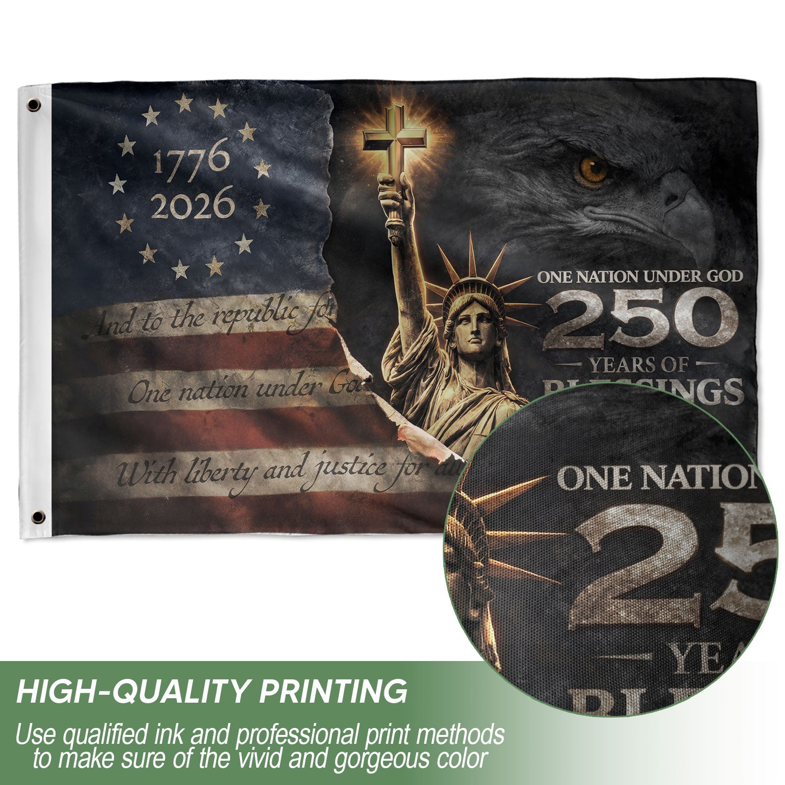 250 Years of Blessings Flag 1776-2026 Statue of Liberty Cross Christian Eagle Banner 3x5ft