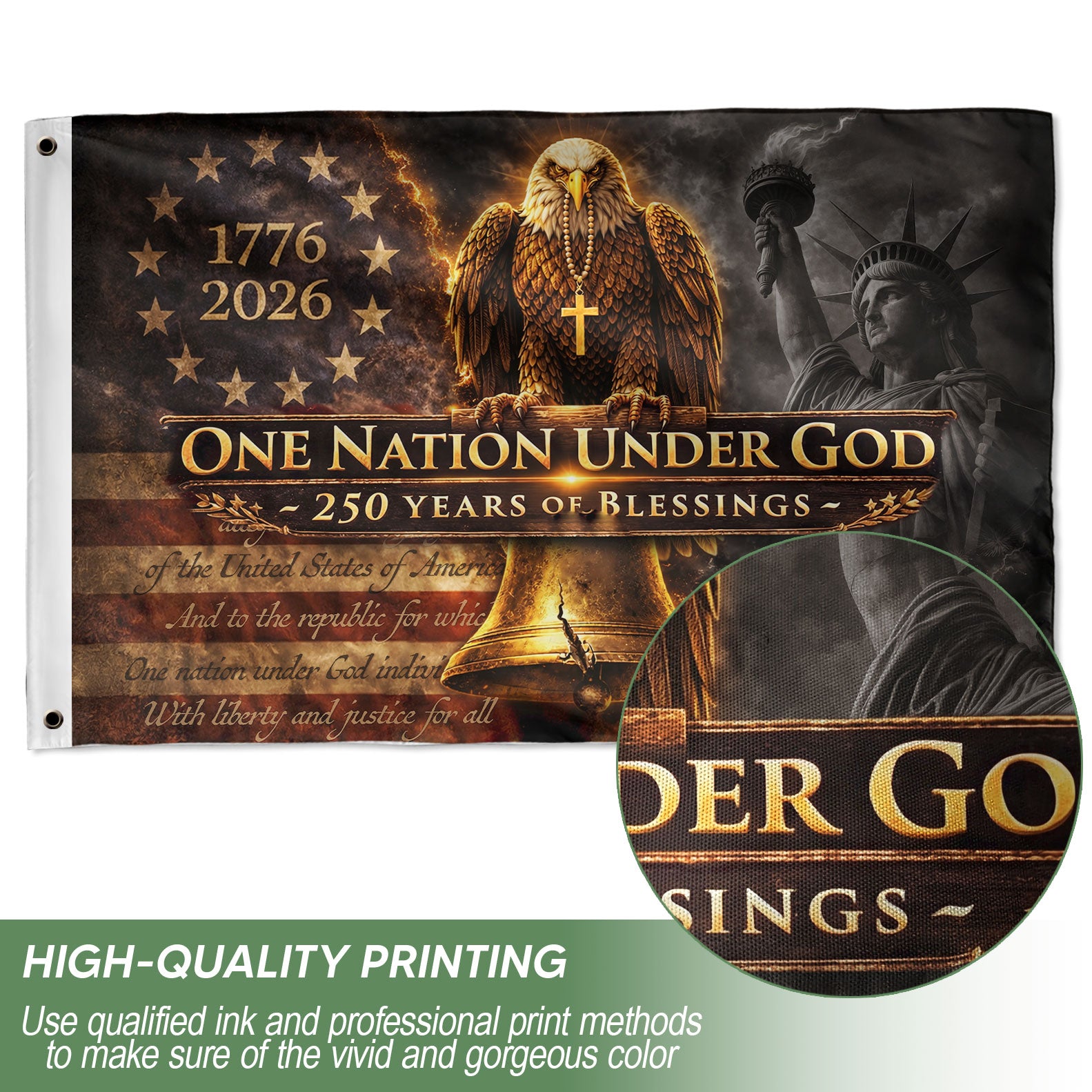 250 Years of Blessings Flag 1776-2026 Liberty Bell Statue of Liberty American Eagle Banner 3x5ft