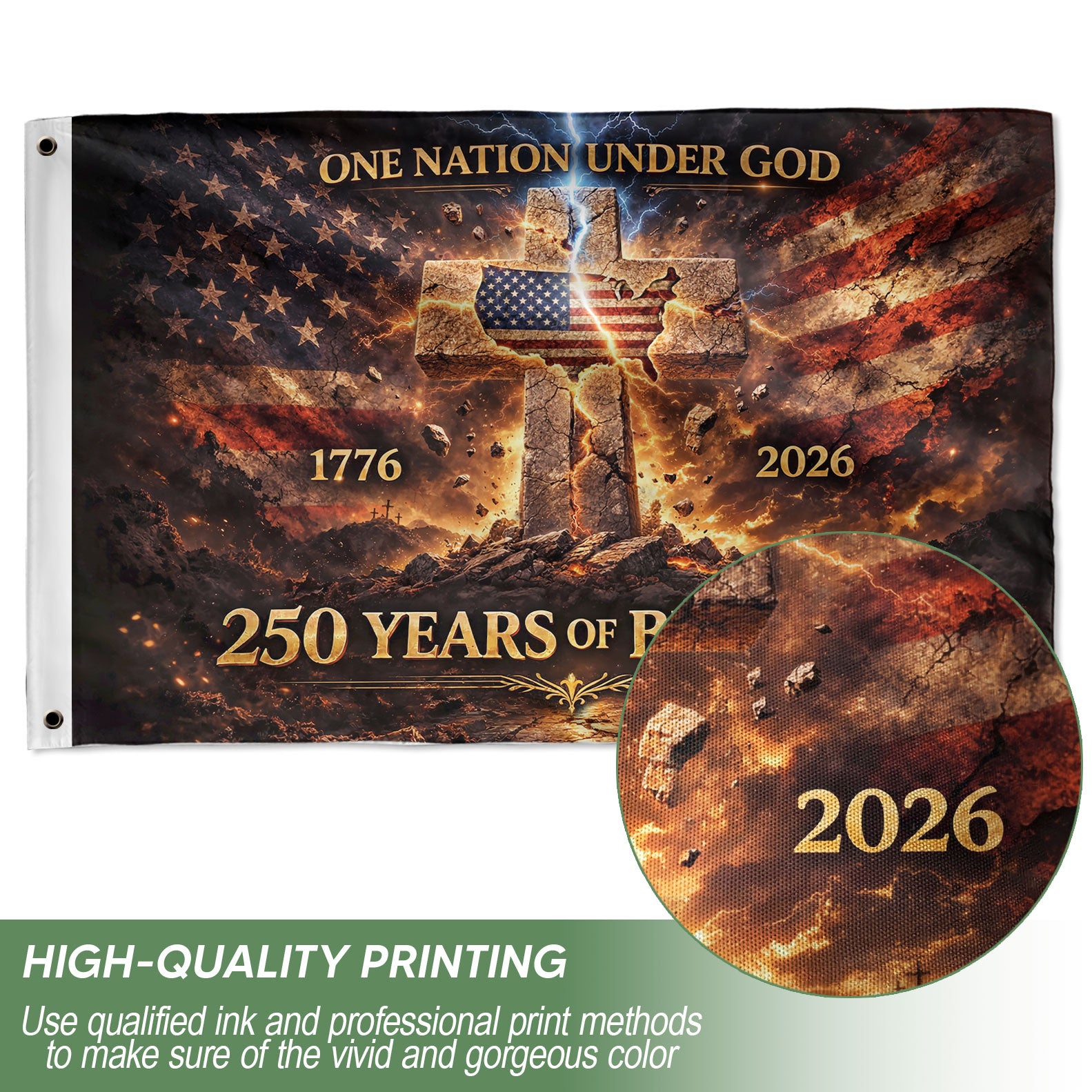 One Nation Under God House Flag 1776–2026, Christian Cross USA 250 Years of Blessings
