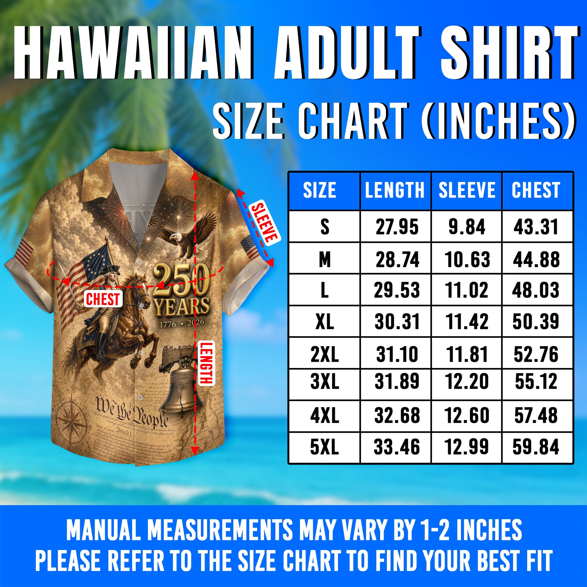 Hawaiian Shirt Patriotic 1776-2026 George Washington US Flag Liberty Bell