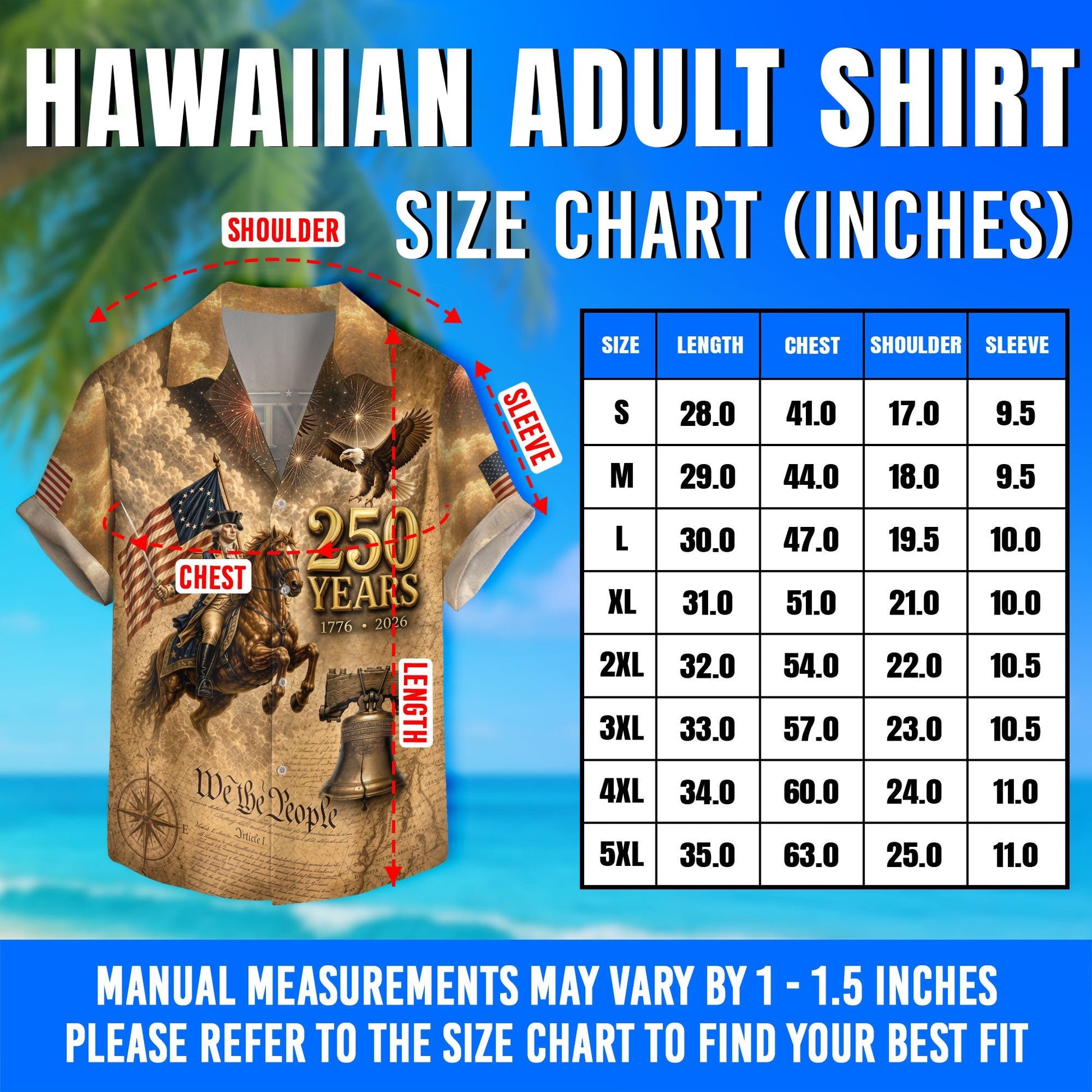 Hawaiian Shirt Patriotic 1776-2026 George Washington US Flag Liberty Bell - Rust Field Wear