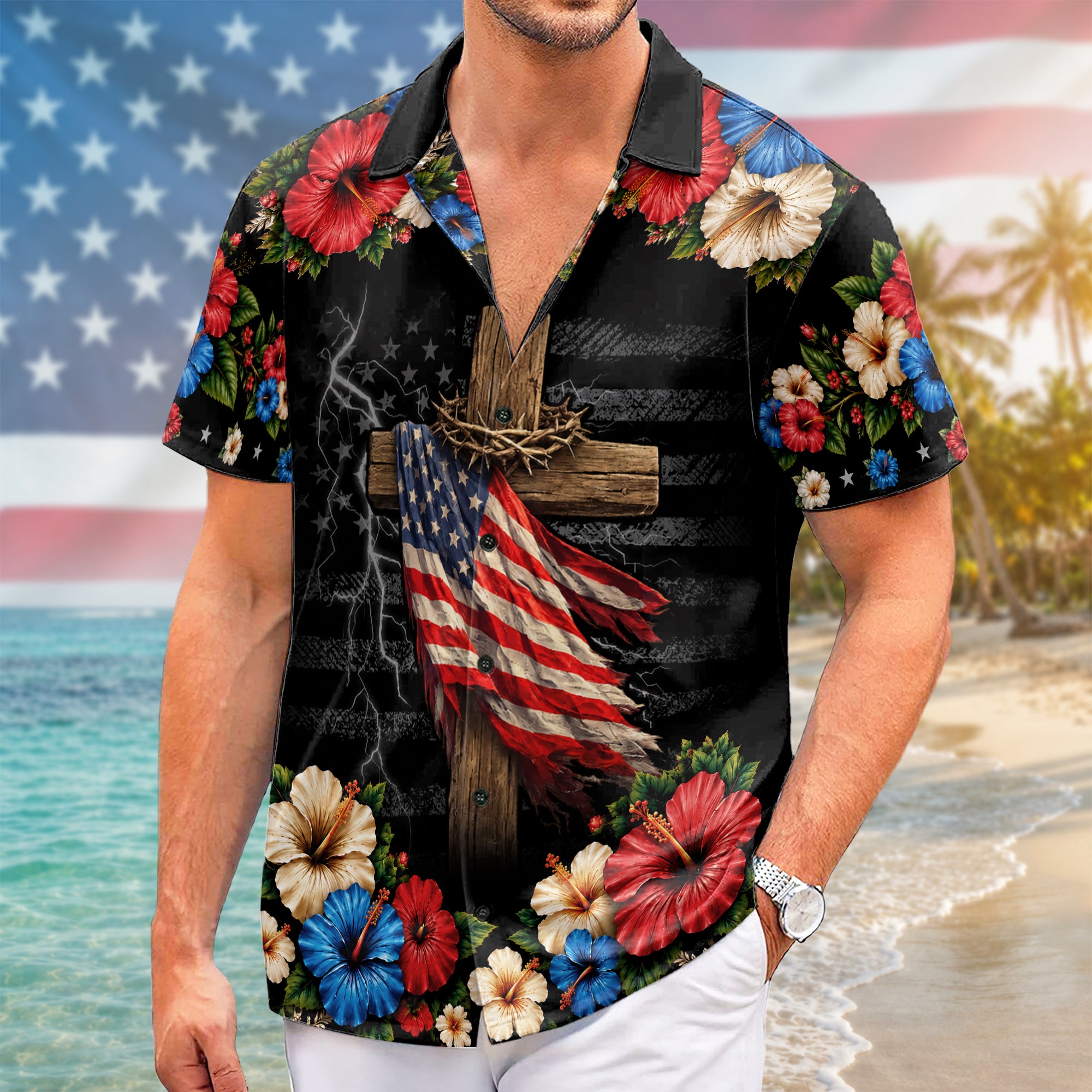 Hawaiian Shirt Christian Under God Cross US Flag 1776 2026 Patriotic Floral