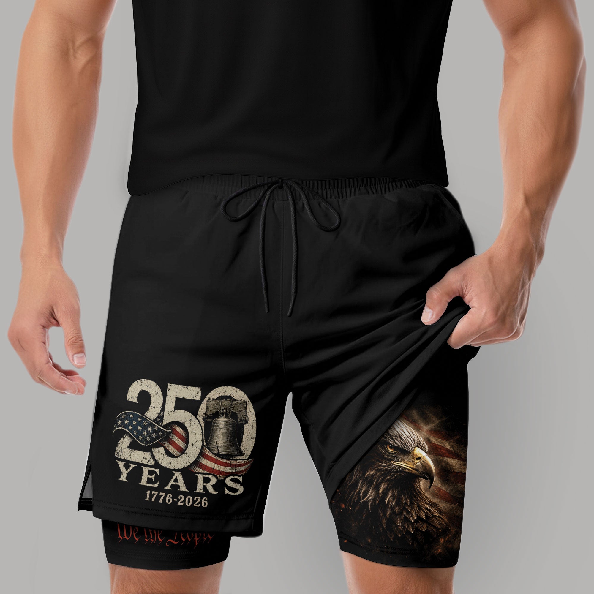 Gym Shorts Men Patriotic Liberty Bell Eagle 1776 2026 We The People Mesh Workout - Rust Field Wear