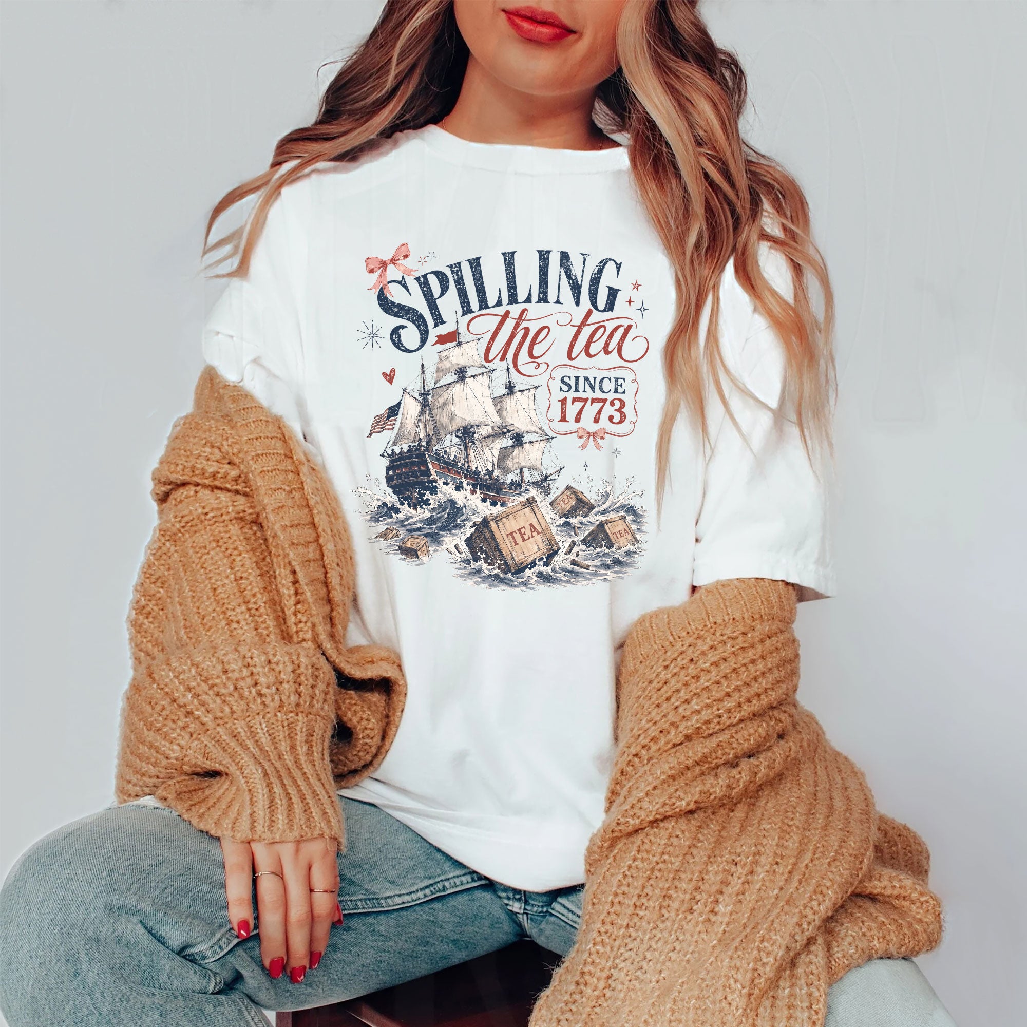 Spilling The Tea Since 1773 Shirt Cute Coquette Bow Graphic Tee Boston Tea Party Top