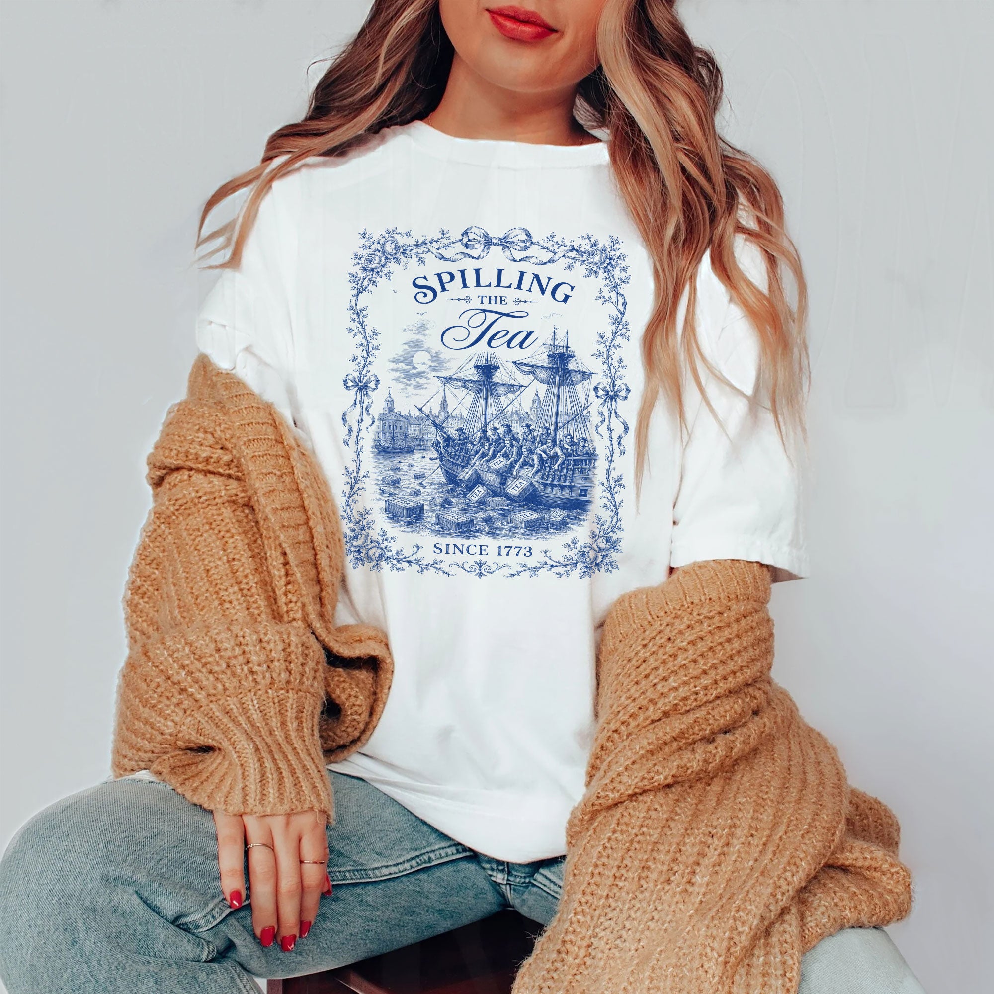 Spilling The Tea Since 1773 Shirt Vintage Blue Floral Tee Classic Boston Tea Party Top