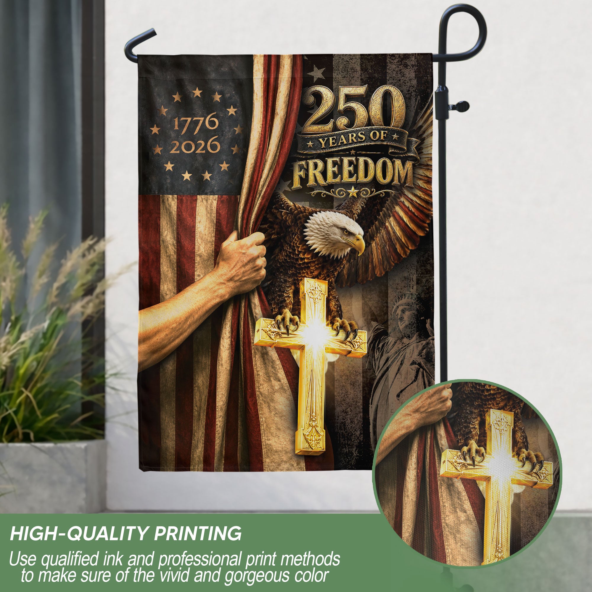 House Flag Christian Cross Eagle 250 Years of Freedom 1776-2026 Patriotic