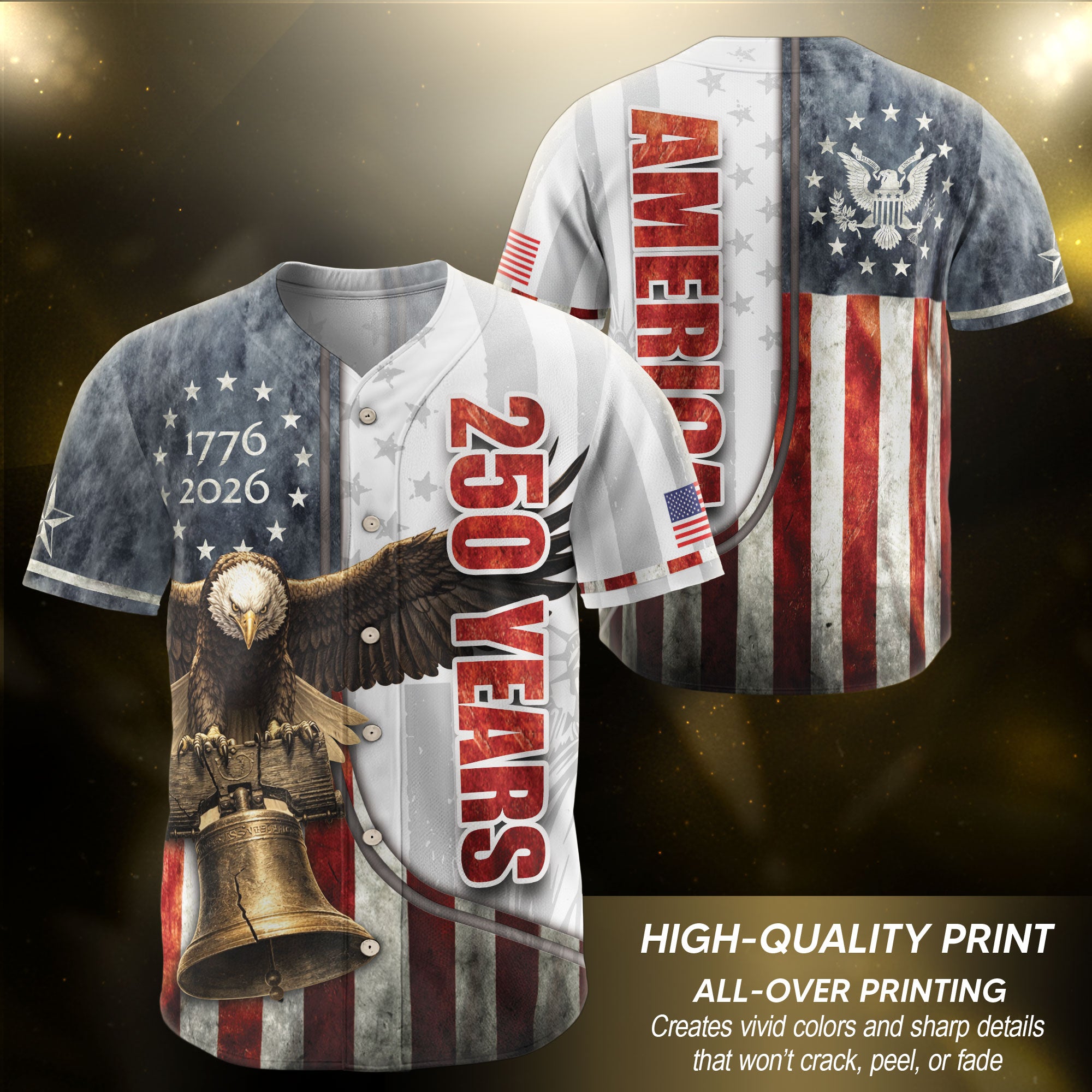 America Baseball Jersey 250 Years 1776-2026 Liberty Bell Eagle Patriotic Men Shirt