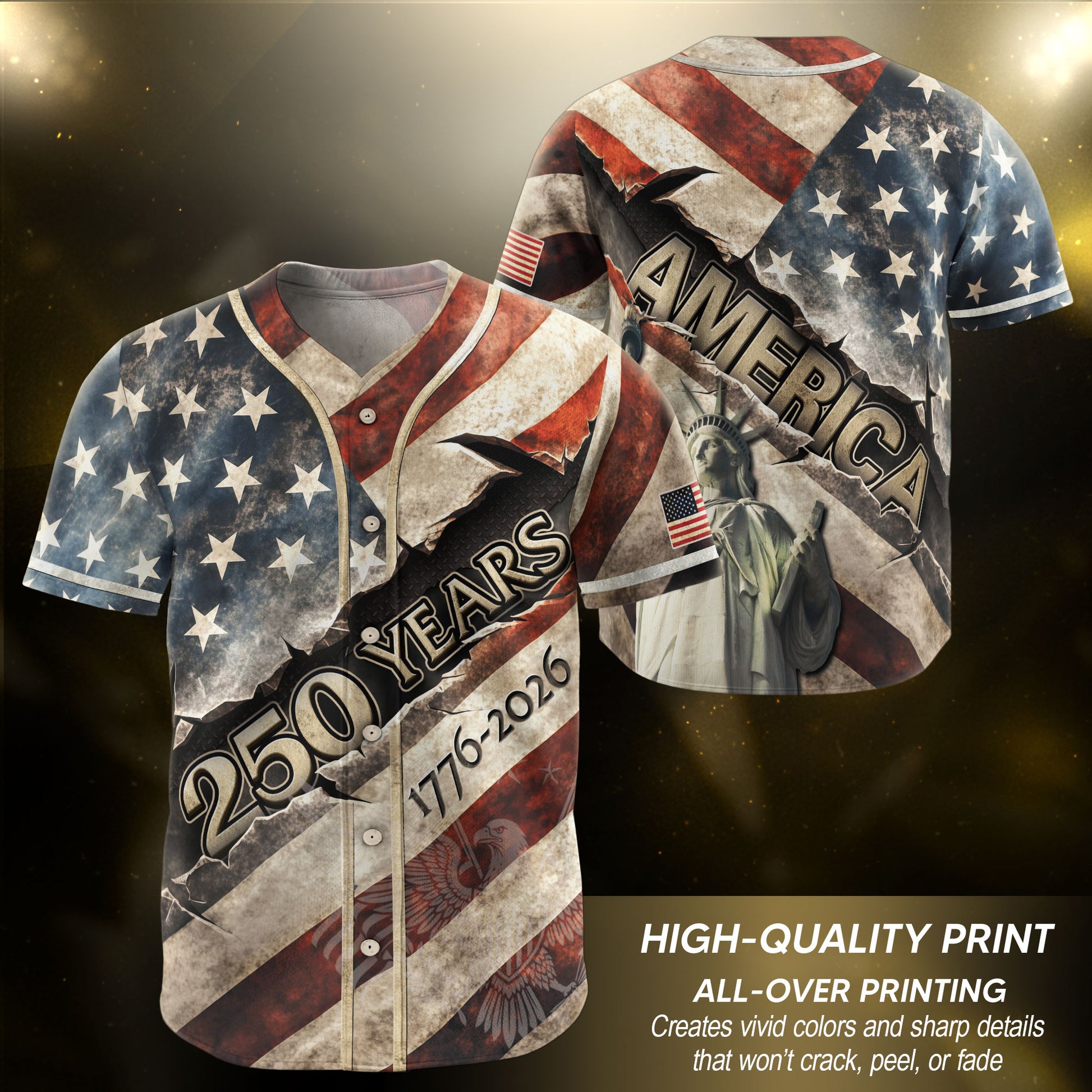 America Baseball Jersey 250 Years 1776-2026 Ripped Flag Patriotic Statue Of Liberty - Rust Field Wear