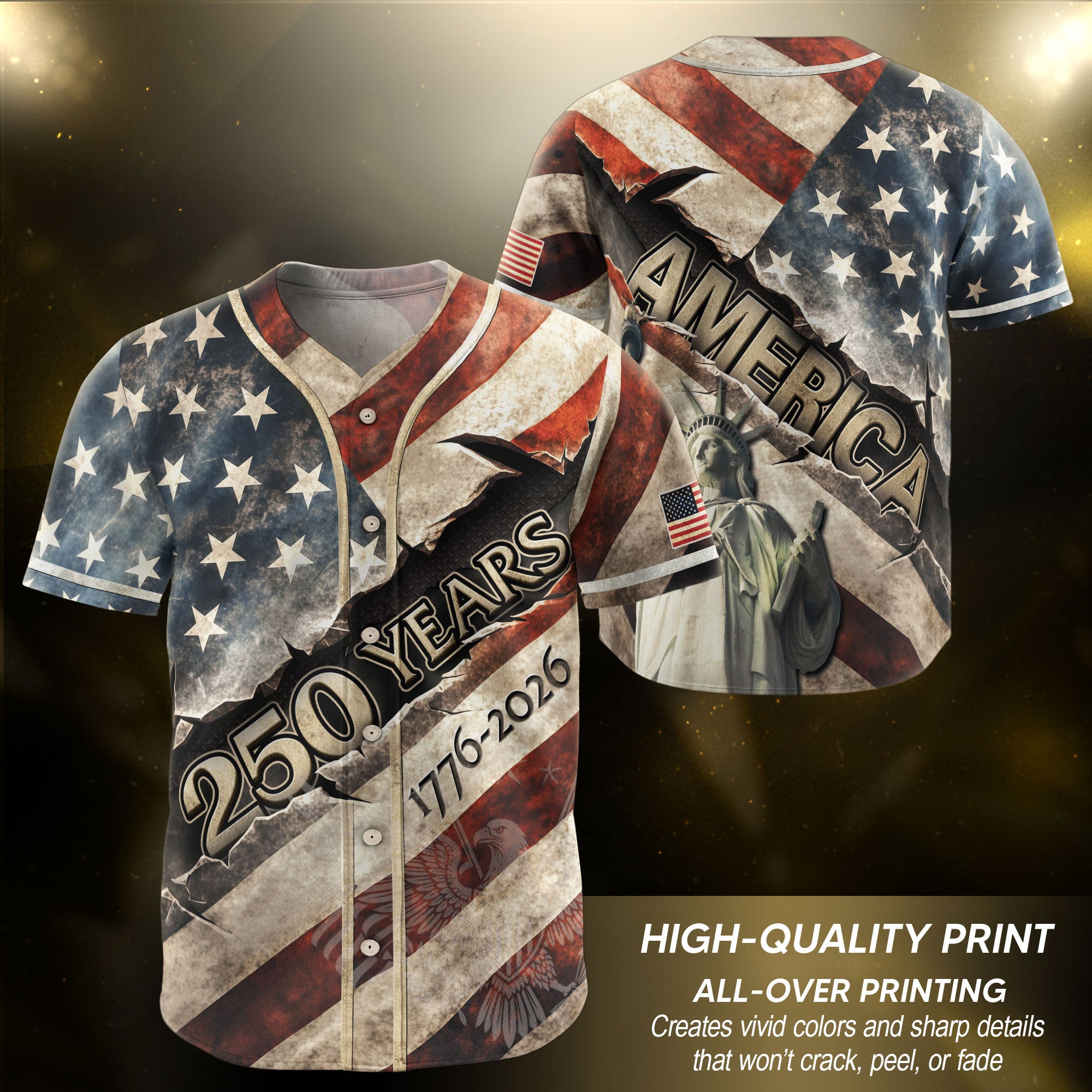America Baseball Jersey 250 Years 1776-2026 Ripped Flag Patriotic Statue Of Liberty