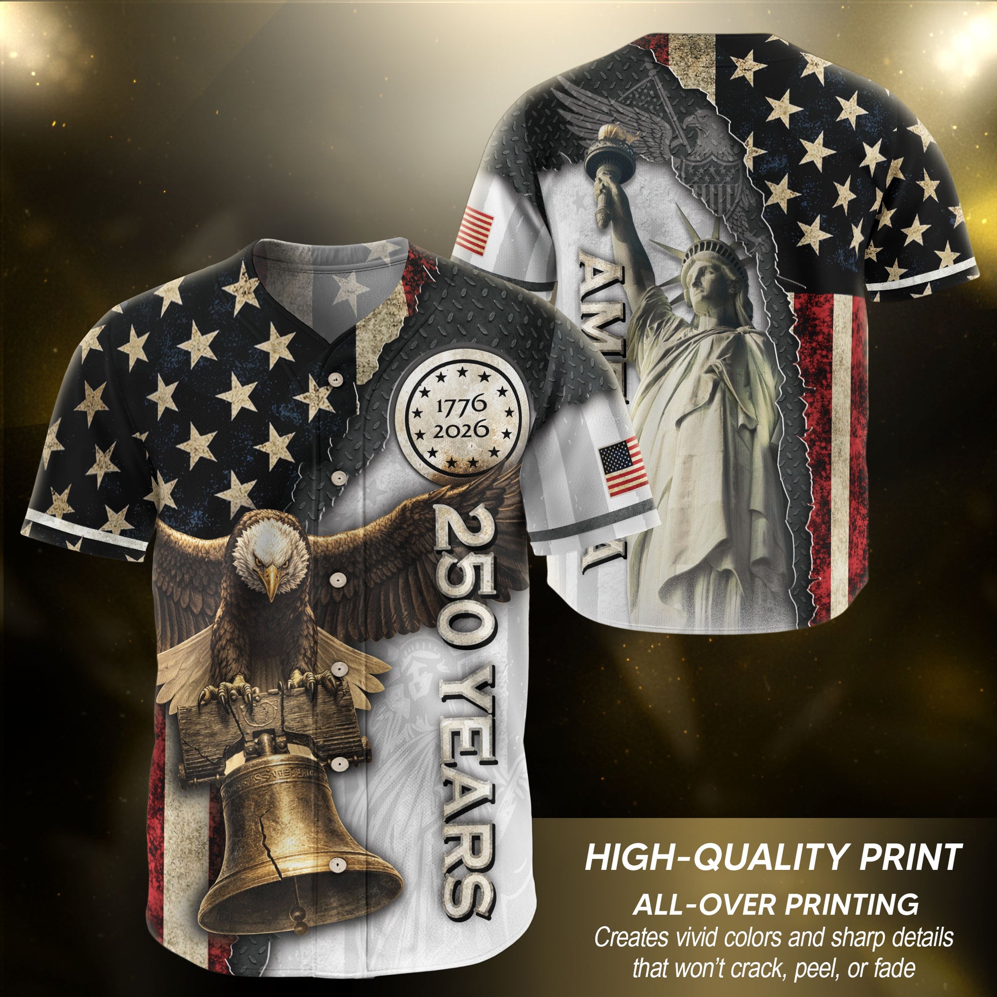 America Baseball Jersey 250 Years 1776-2026 Eagle Liberty Bell Patriotic Button Shirt - Rust Field Wear
