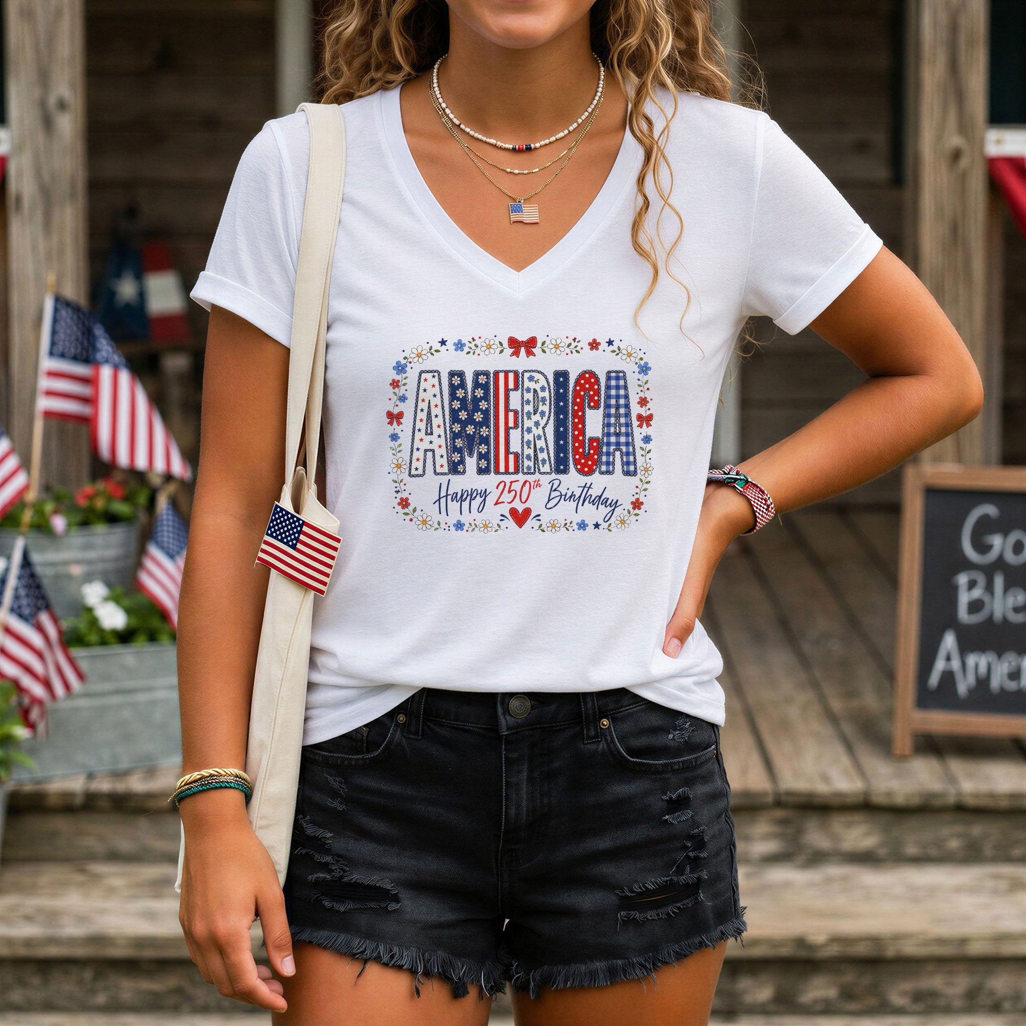 Happy 250th Birthday V-Neck Shirt - Patriotic American Flag Pattern Graphic Tee Women