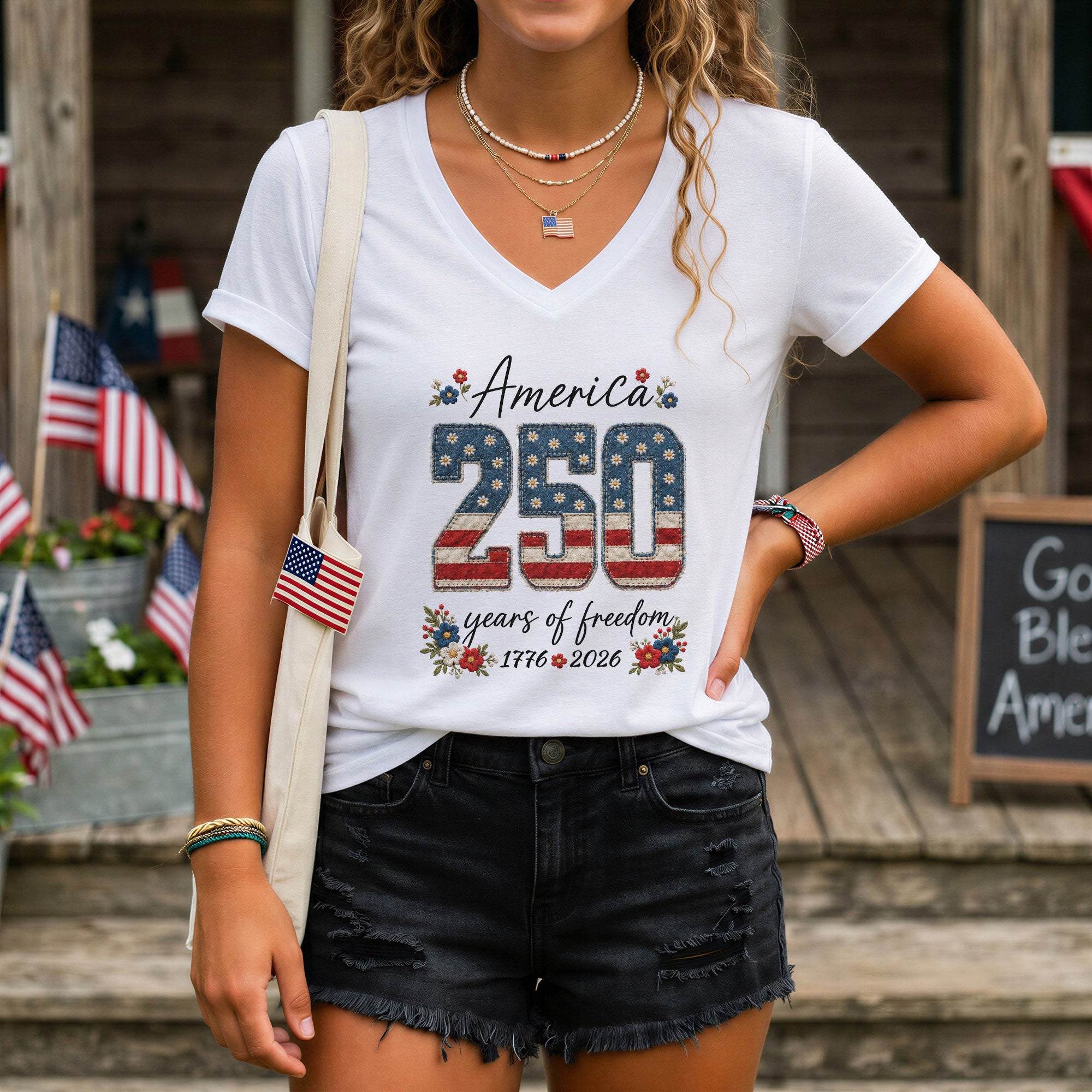 250 Years of Freedom V-Neck Shirt - Patriotic 1776-2026 American Graphic Tee Women