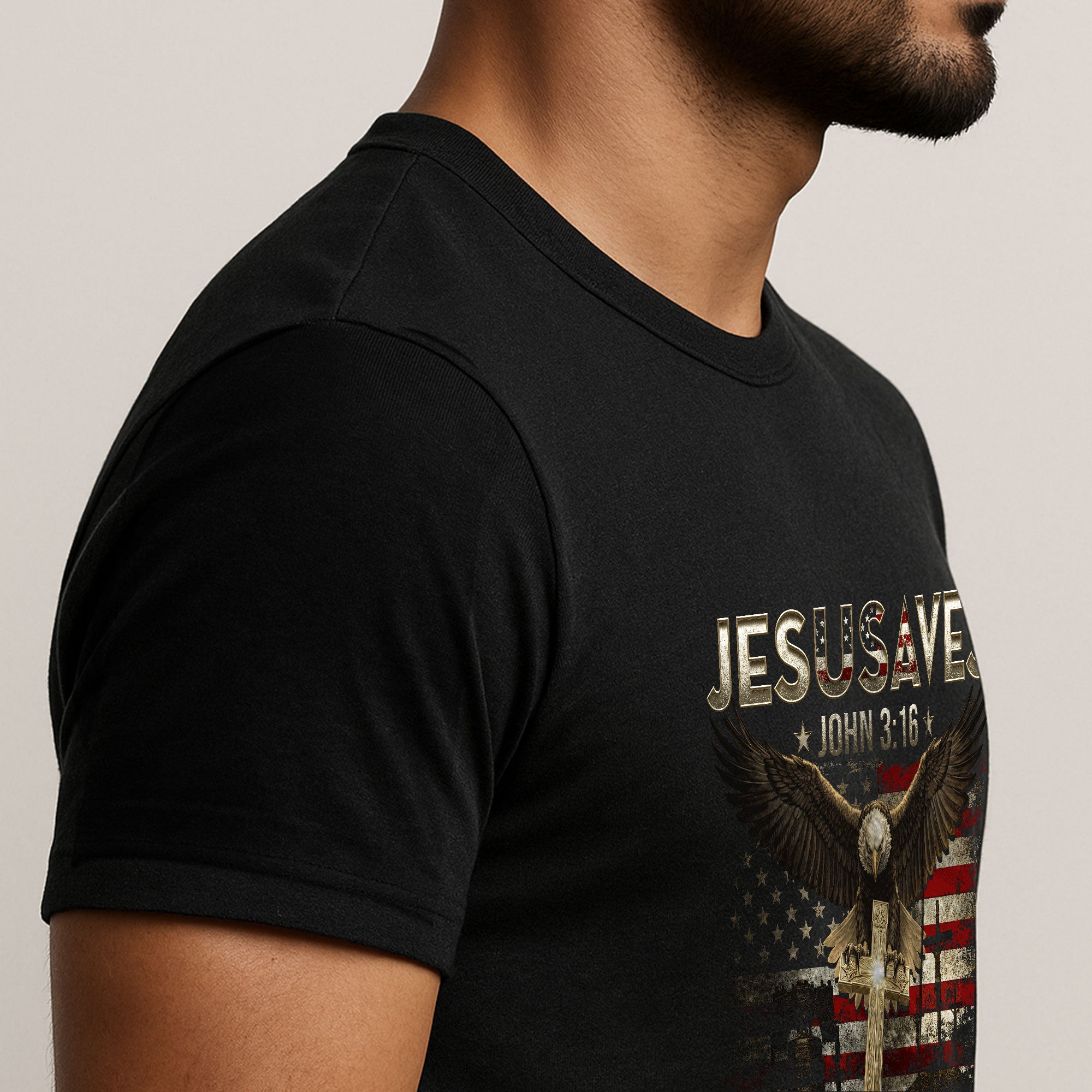 American Eagle JESUSAVES John 3 16 T Shirt Patriotic Religious Faith Graphic Cotton Tee
